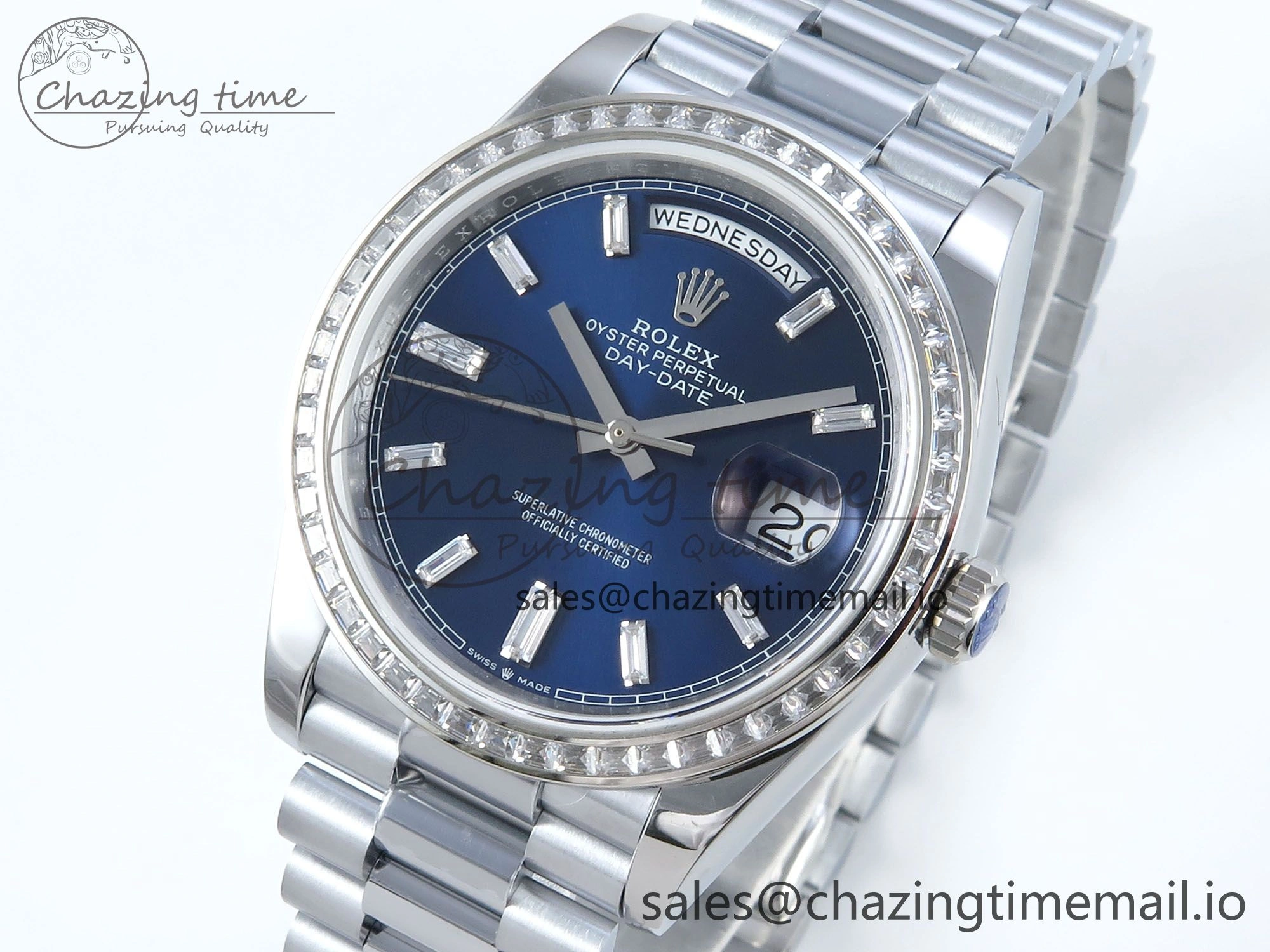 DayDate 40 SS QF 1:1 Best Edition Blue Crystal Dial Diamonds Bezel on President Bracelet A2836 V5 (Gain Weight)
