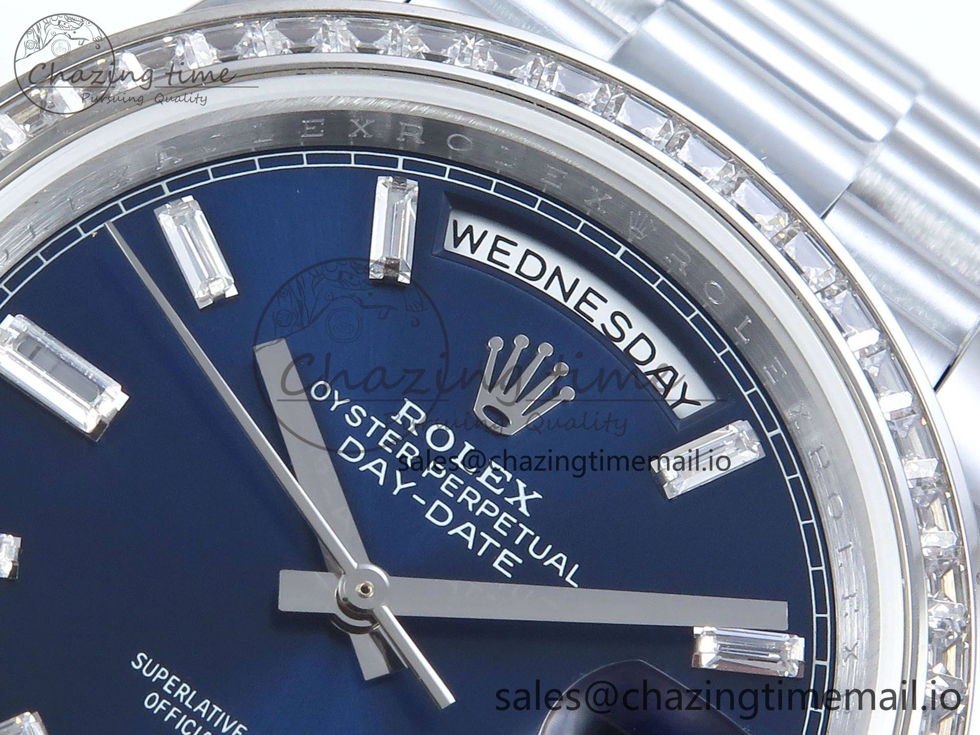 DayDate 40 SS QF 1:1 Best Edition Blue Crystal Dial Diamonds Bezel on President Bracelet A2836 V5 (Gain Weight)