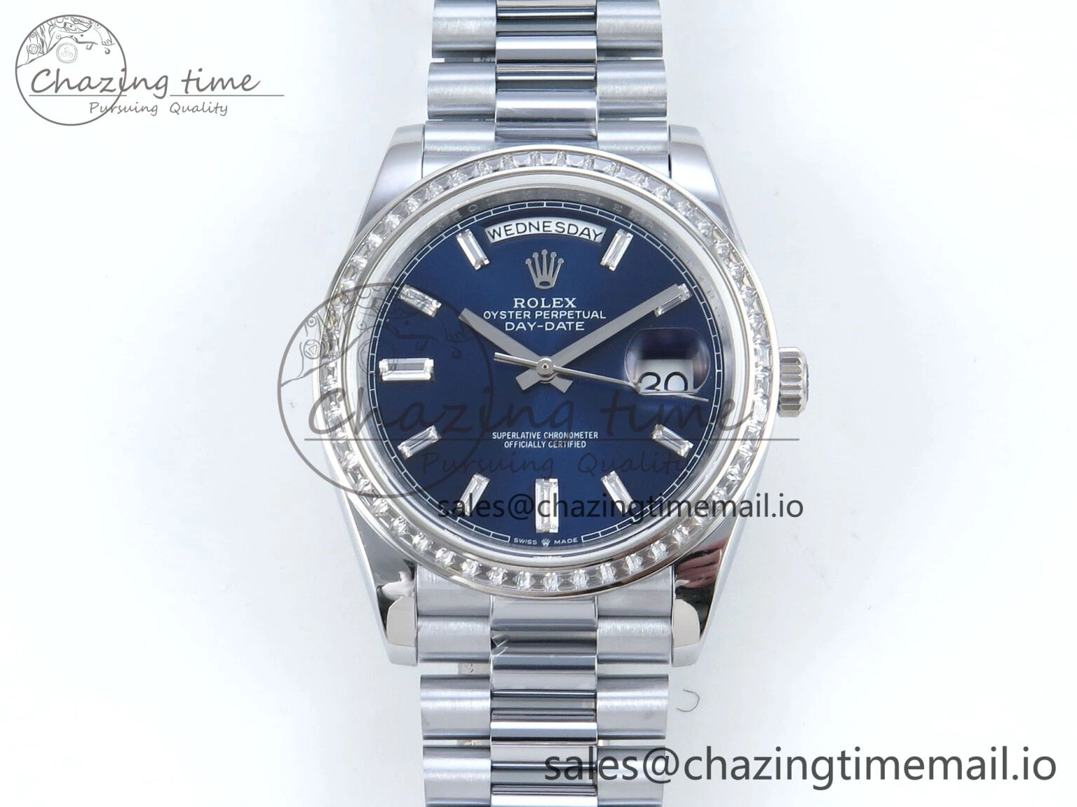 DayDate 40 SS QF 1:1 Best Edition Blue Crystal Dial Diamonds Bezel on President Bracelet A2836 V5 (Gain Weight)