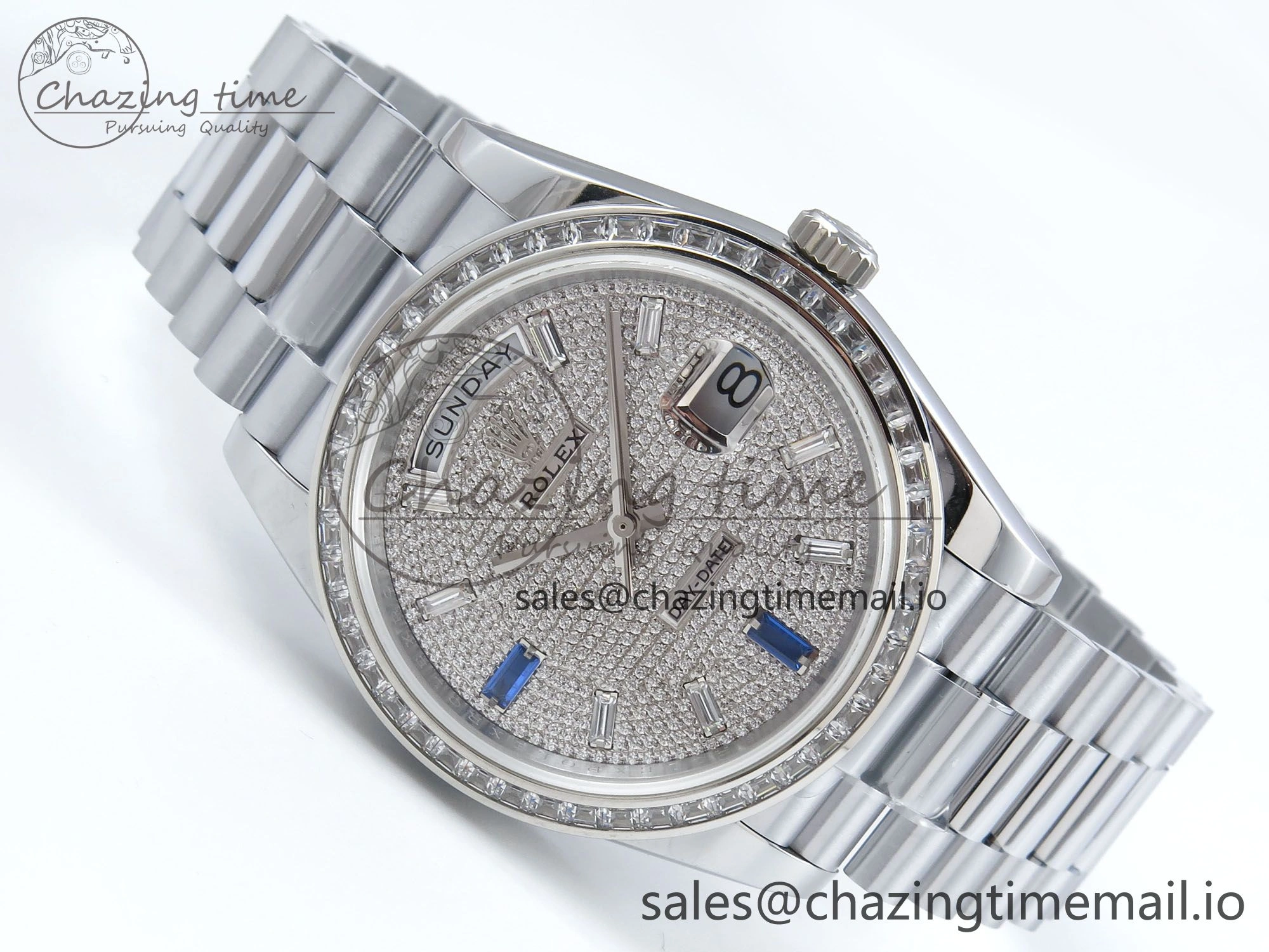 DayDate 40 SS QF 1:1 Best Edition Blue Diamonds Dial Diamonds Bezel on President Bracelet A2836 V5 (Gain Weight)