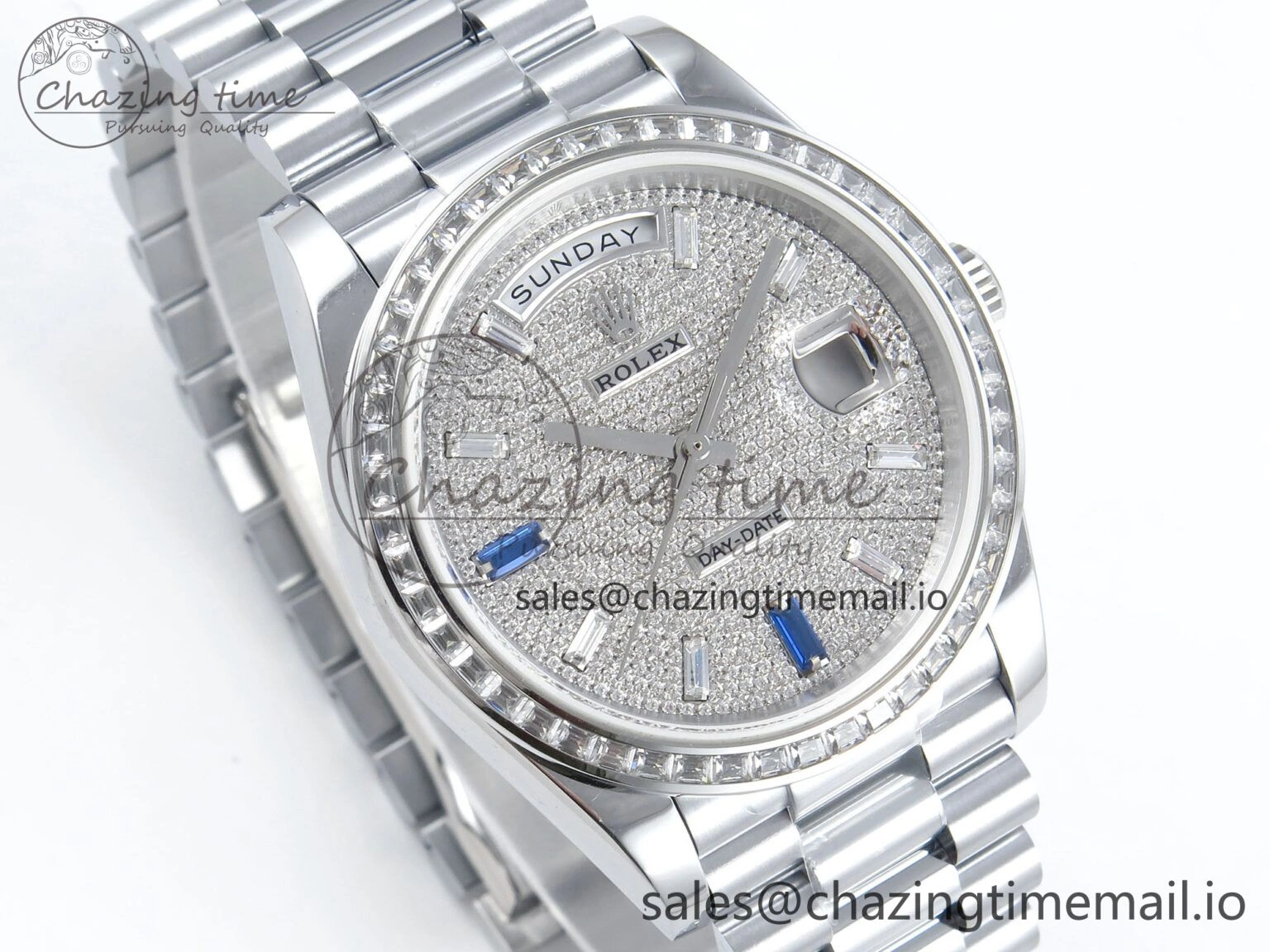 DayDate 40 SS QF 1:1 Best Edition Blue Diamonds Dial Diamonds Bezel on President Bracelet A2836 V5 (Gain Weight)