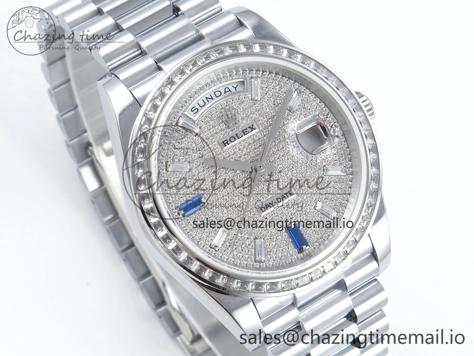 DayDate 40 SS QF 1:1 Best Edition Blue Diamonds Dial Diamonds Bezel on President Bracelet A2836 V5 (Gain Weight)