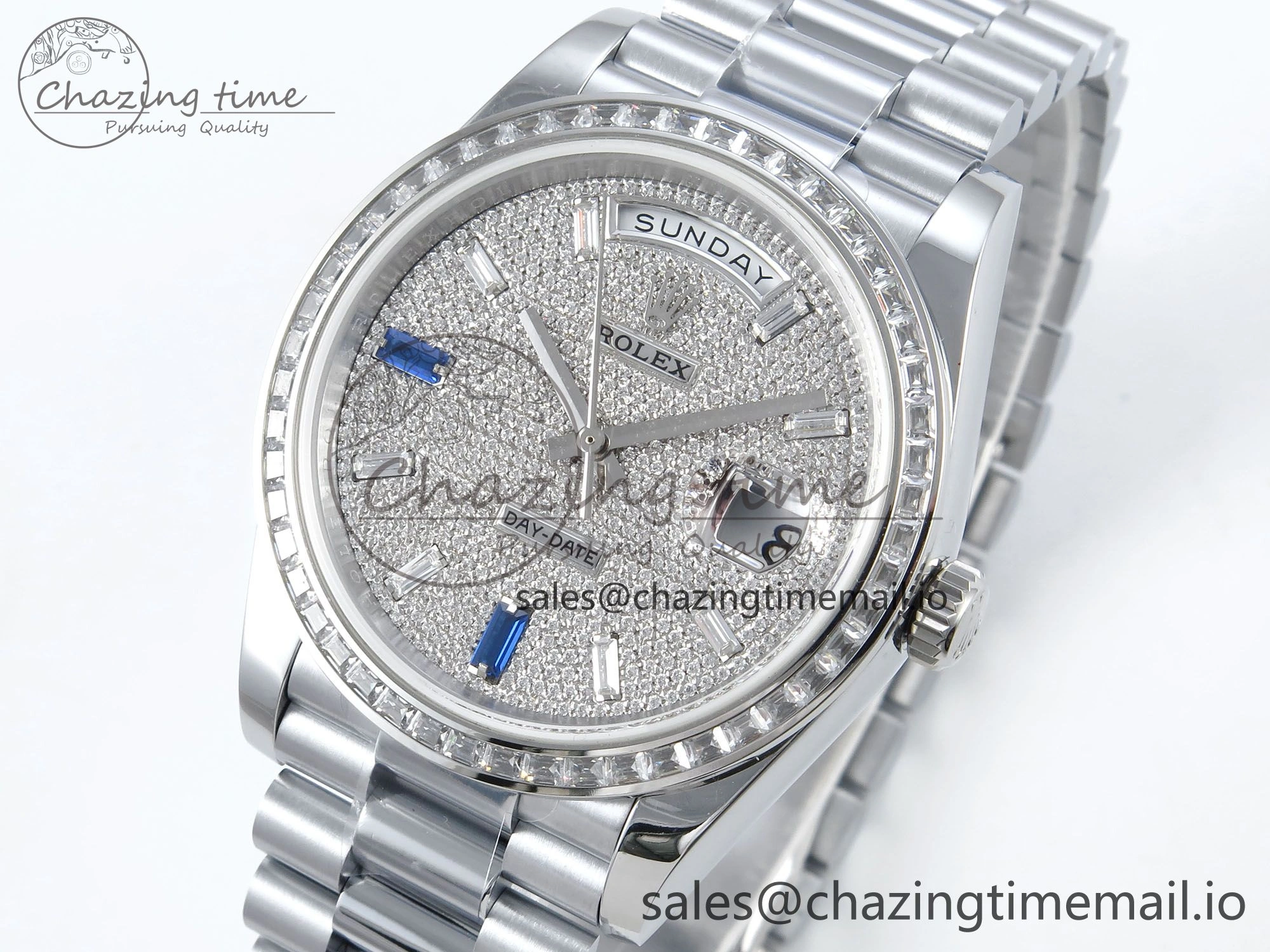 DayDate 40 SS QF 1:1 Best Edition Blue Diamonds Dial Diamonds Bezel on President Bracelet A2836 V5 (Gain Weight)