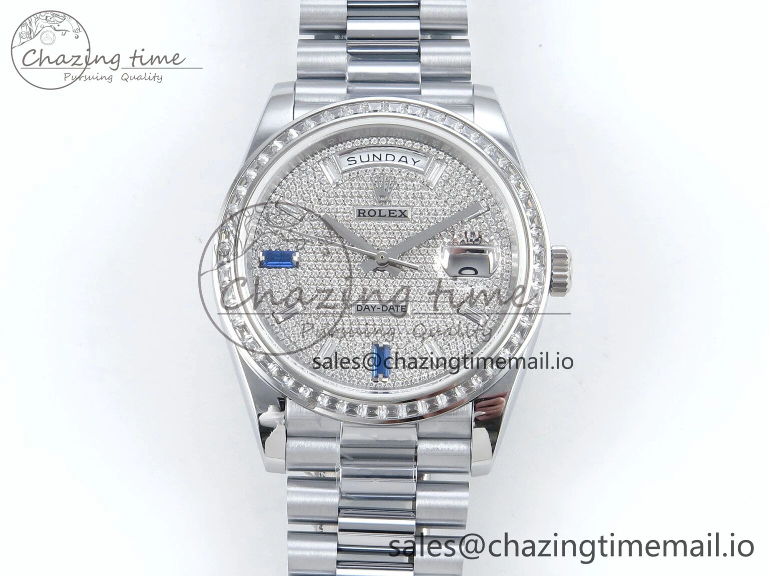 DayDate 40 SS QF 1:1 Best Edition Blue Diamonds Dial Diamonds Bezel on President Bracelet A2836 V5 (Gain Weight)