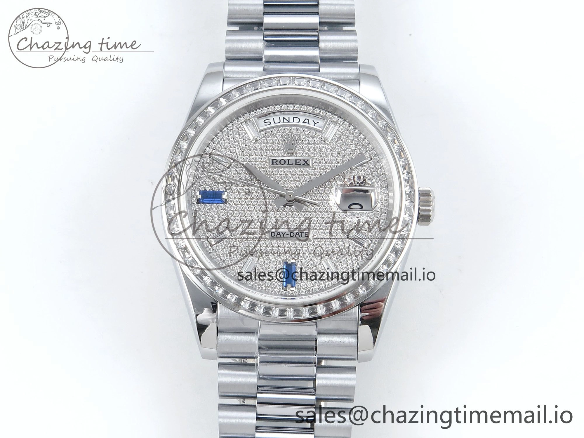 DayDate 40 SS QF 1:1 Best Edition Blue Diamonds Dial Diamonds Bezel on President Bracelet A2836 V5 (Gain Weight)