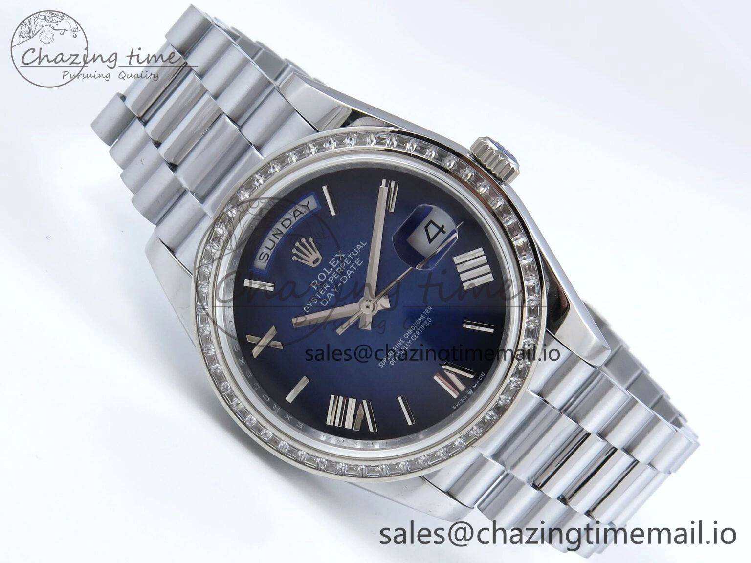DayDate 40 SS QF 1:1 Best Edition Blue Black Dial Diamonds Bezel on President Bracelet A2836 V5 (Gain Weight)