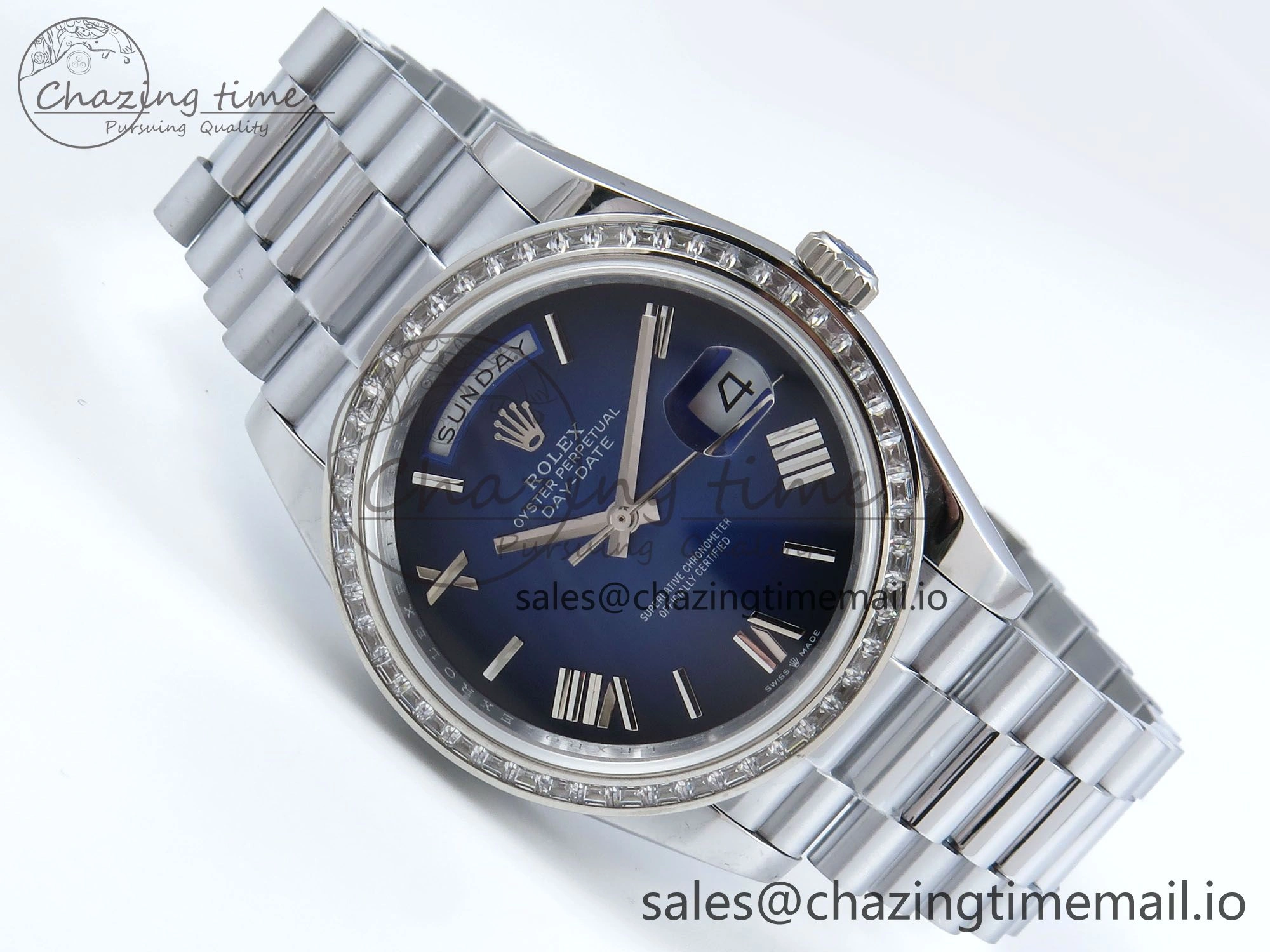 DayDate 40 SS QF 1:1 Best Edition Blue Black Dial Diamonds Bezel on President Bracelet A2836 V5 (Gain Weight)