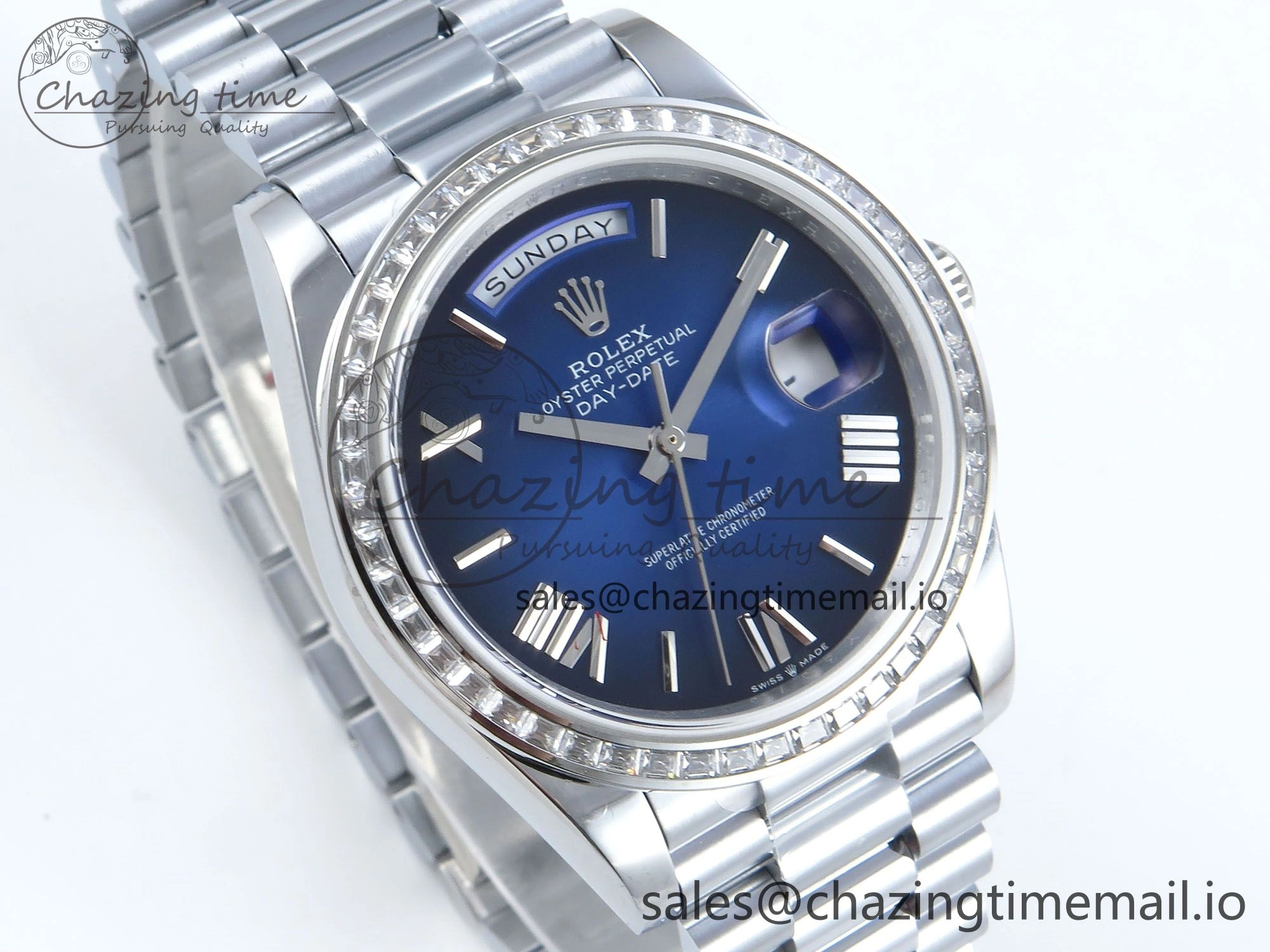 DayDate 40 SS QF 1:1 Best Edition Blue Black Dial Diamonds Bezel on President Bracelet A2836 V5 (Gain Weight)