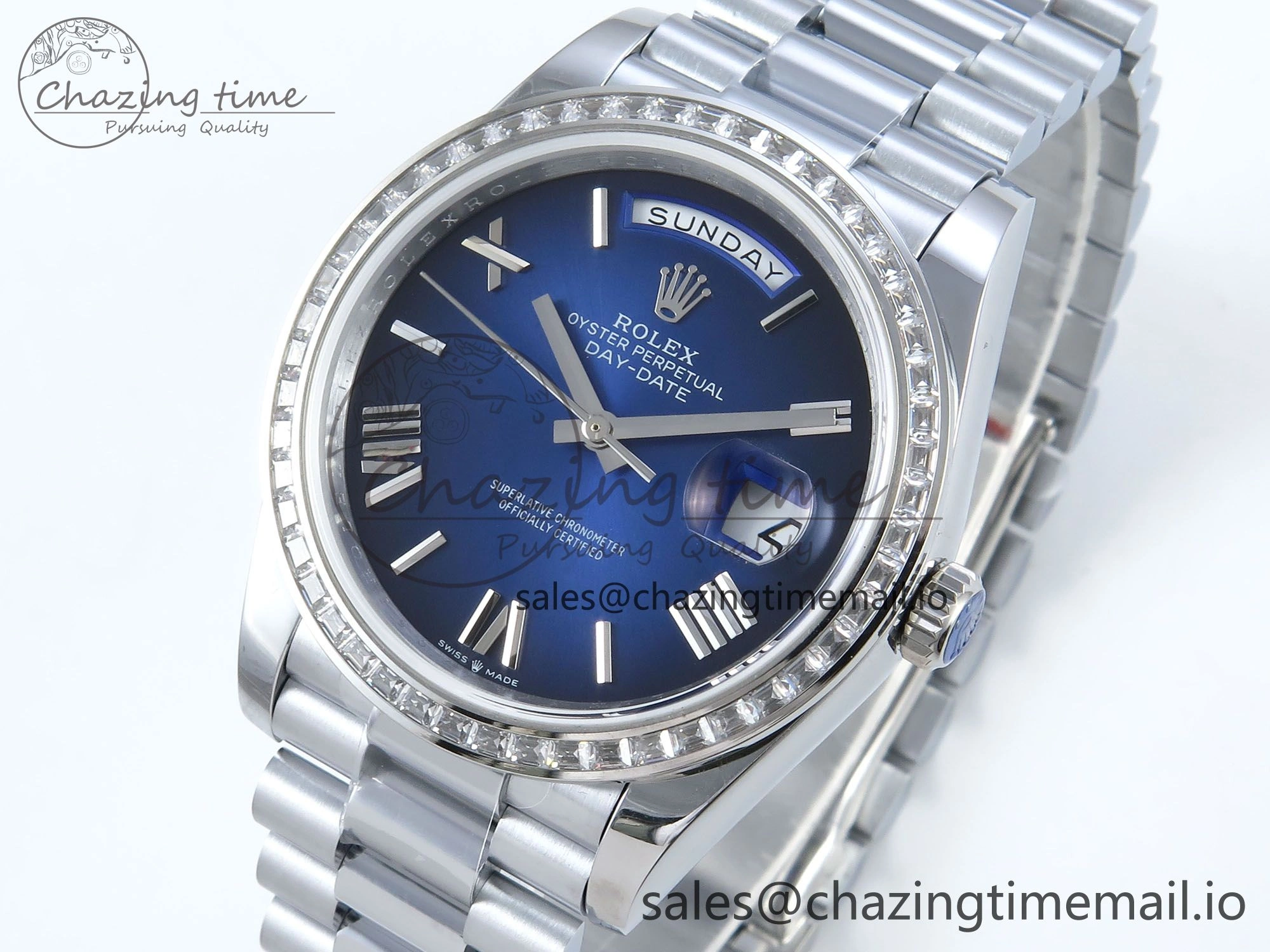 DayDate 40 SS QF 1:1 Best Edition Blue Black Dial Diamonds Bezel on President Bracelet A2836 V5 (Gain Weight)
