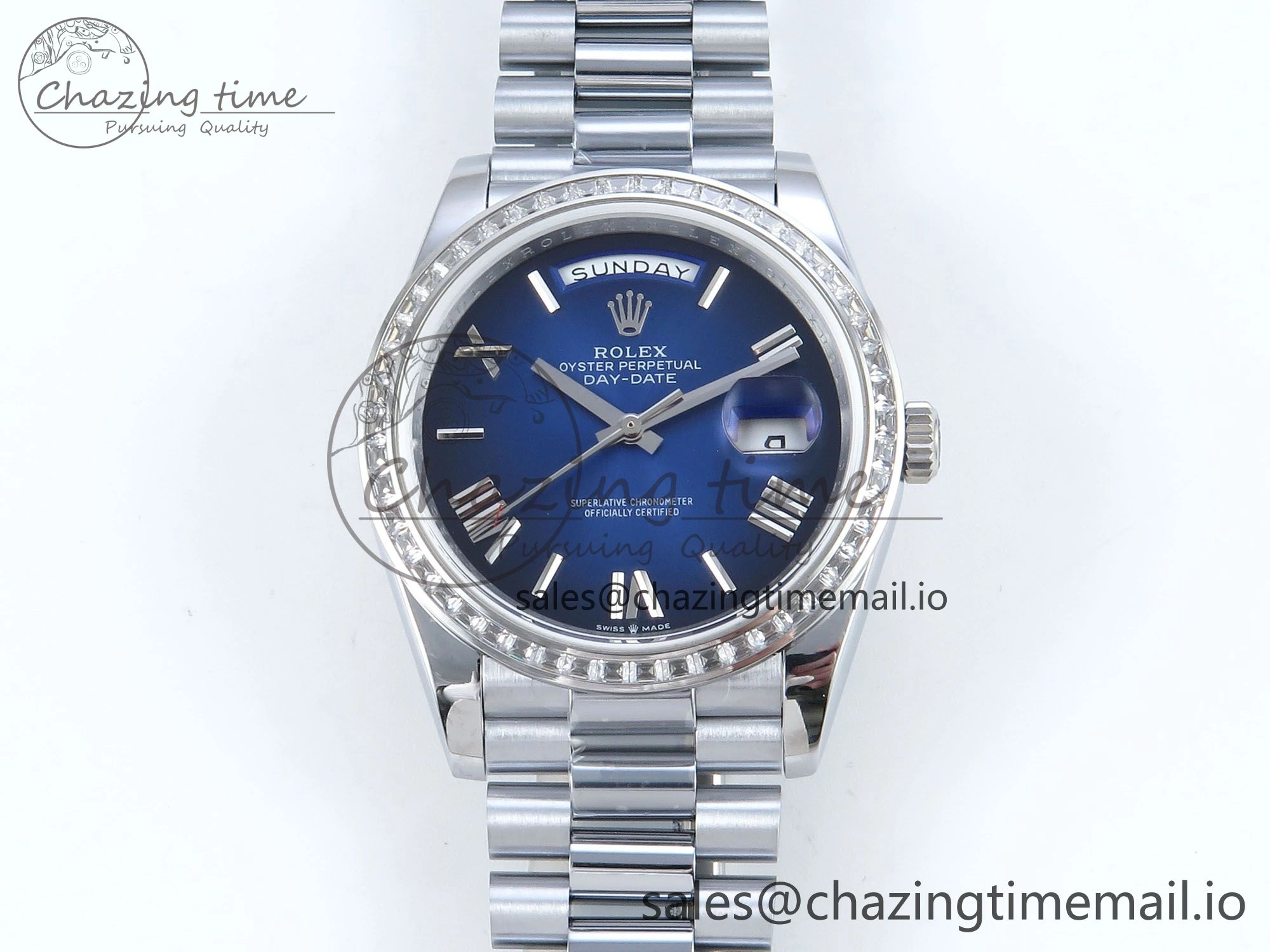 DayDate 40 SS QF 1:1 Best Edition Blue Black Dial Diamonds Bezel on President Bracelet A2836 V5 (Gain Weight)