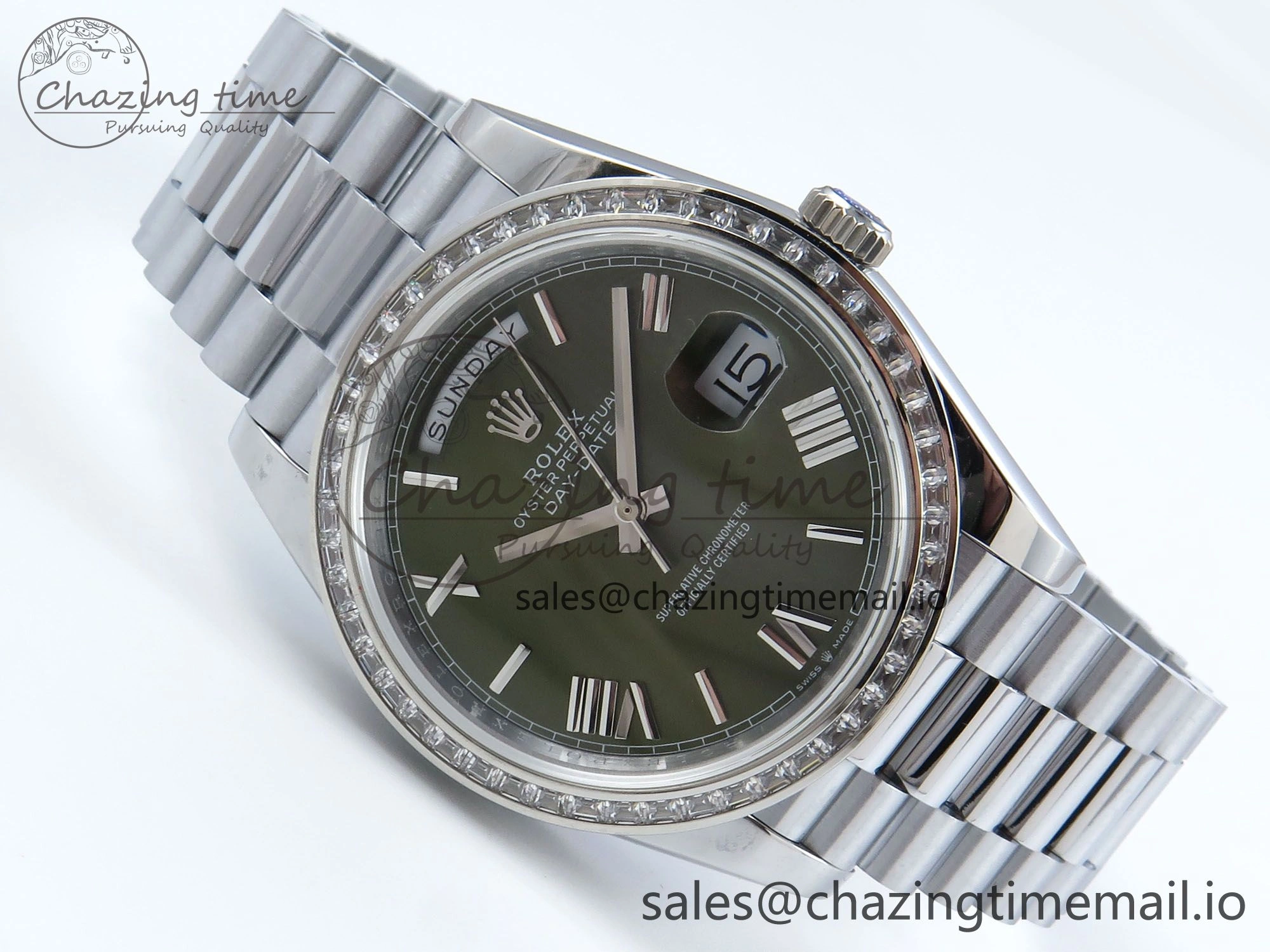 DayDate 40 SS QF 1:1 Best Edition Green Roman Dial Diamonds Bezel on President Bracelet A2836 V5 (Gain Weight)