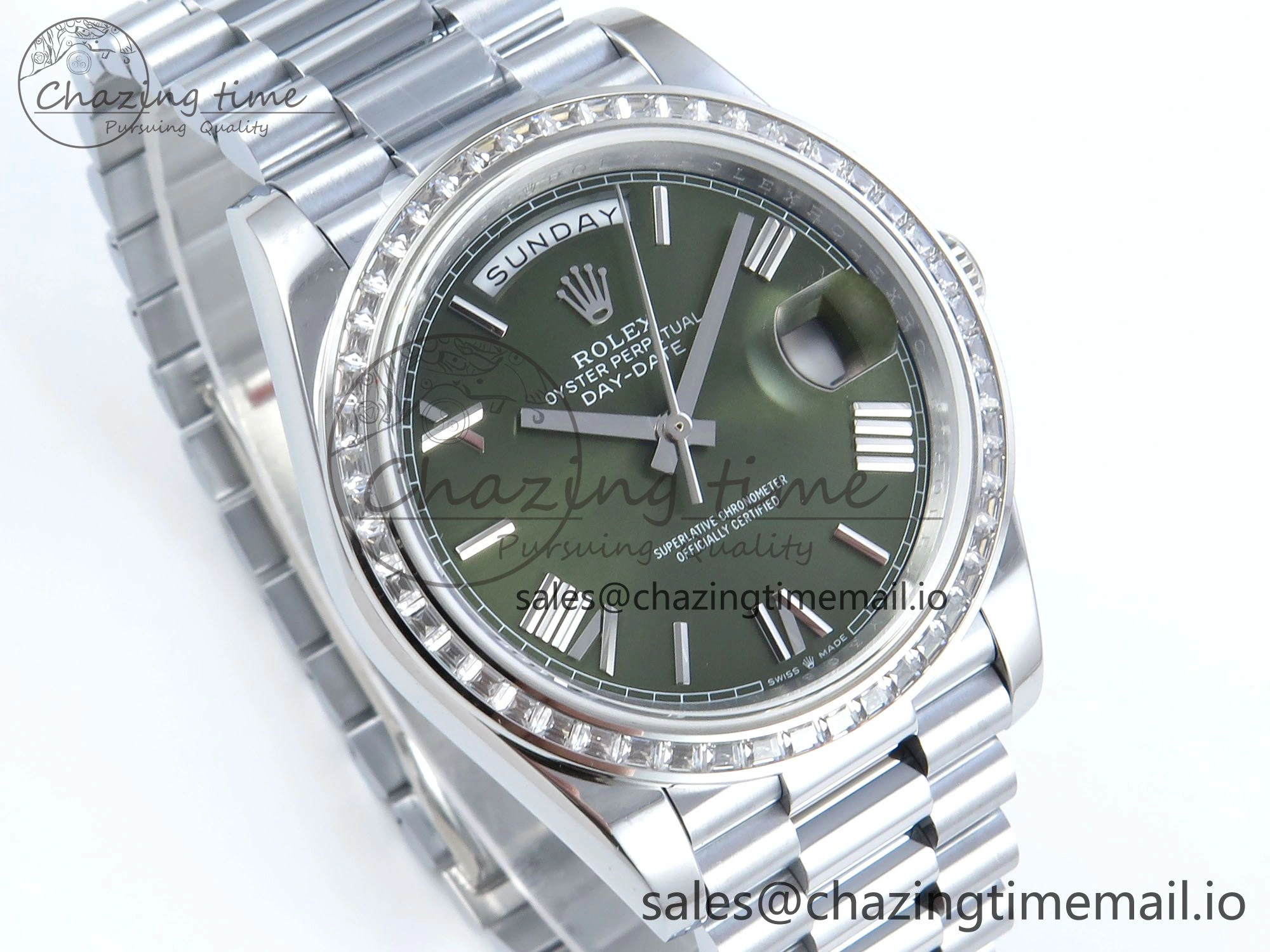 DayDate 40 SS QF 1:1 Best Edition Green Roman Dial Diamonds Bezel on President Bracelet A2836 V5 (Gain Weight)