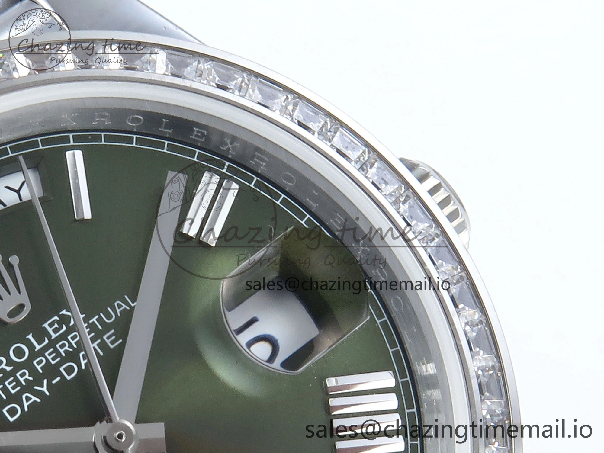 DayDate 40 SS QF 1:1 Best Edition Green Roman Dial Diamonds Bezel on President Bracelet A2836 V5 (Gain Weight)