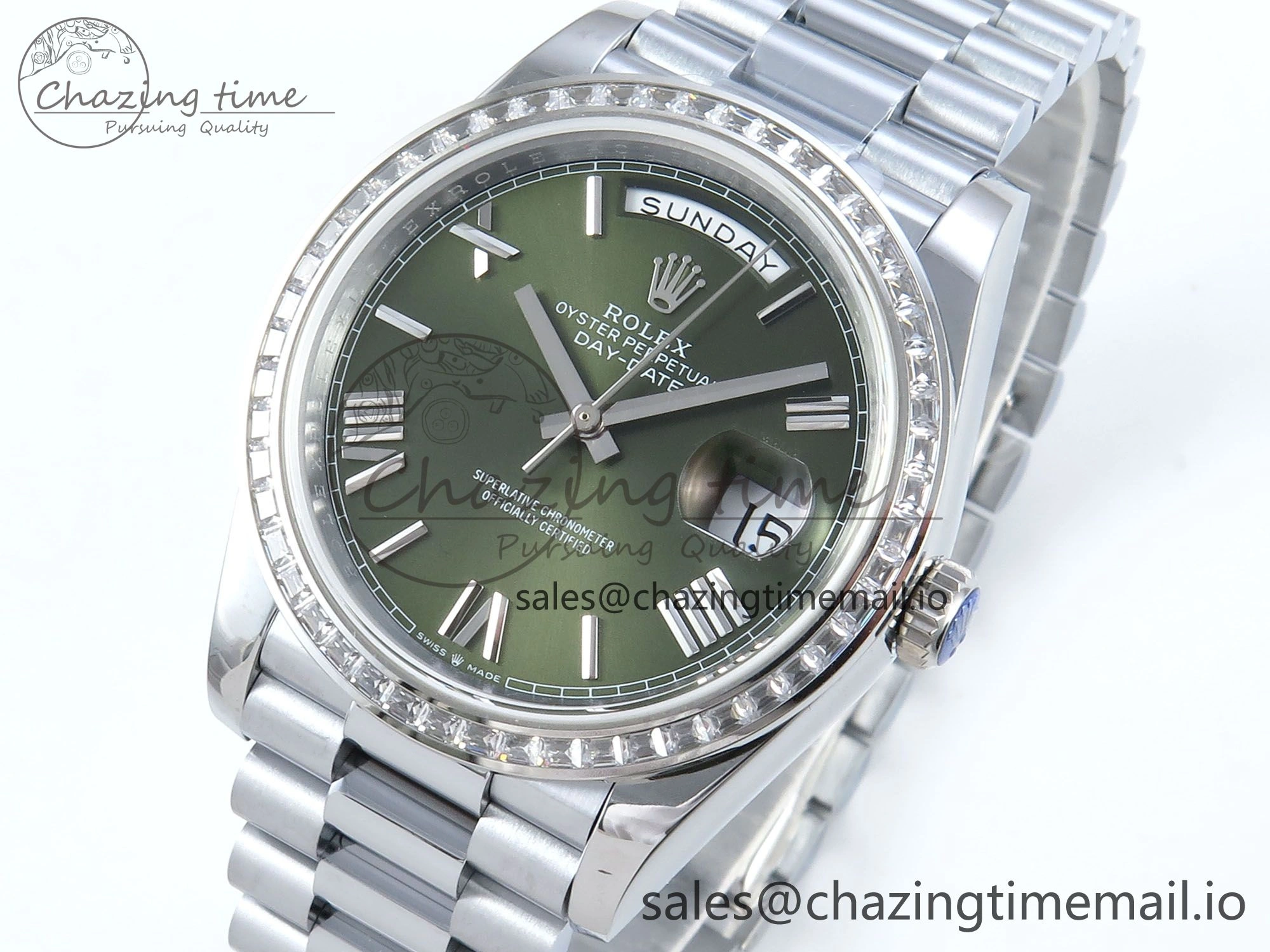 DayDate 40 SS QF 1:1 Best Edition Green Roman Dial Diamonds Bezel on President Bracelet A2836 V5 (Gain Weight)