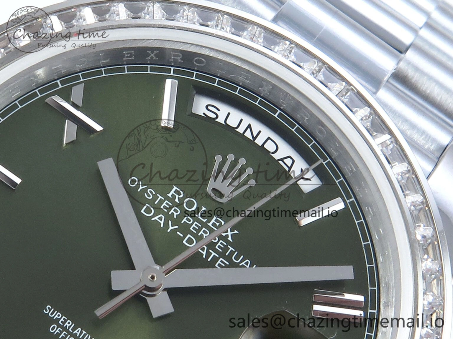 DayDate 40 SS QF 1:1 Best Edition Green Roman Dial Diamonds Bezel on President Bracelet A2836 V5 (Gain Weight)
