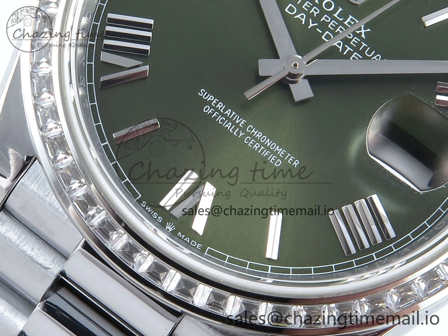 DayDate 40 SS QF 1:1 Best Edition Green Roman Dial Diamonds Bezel on President Bracelet A2836 V5 (Gain Weight)