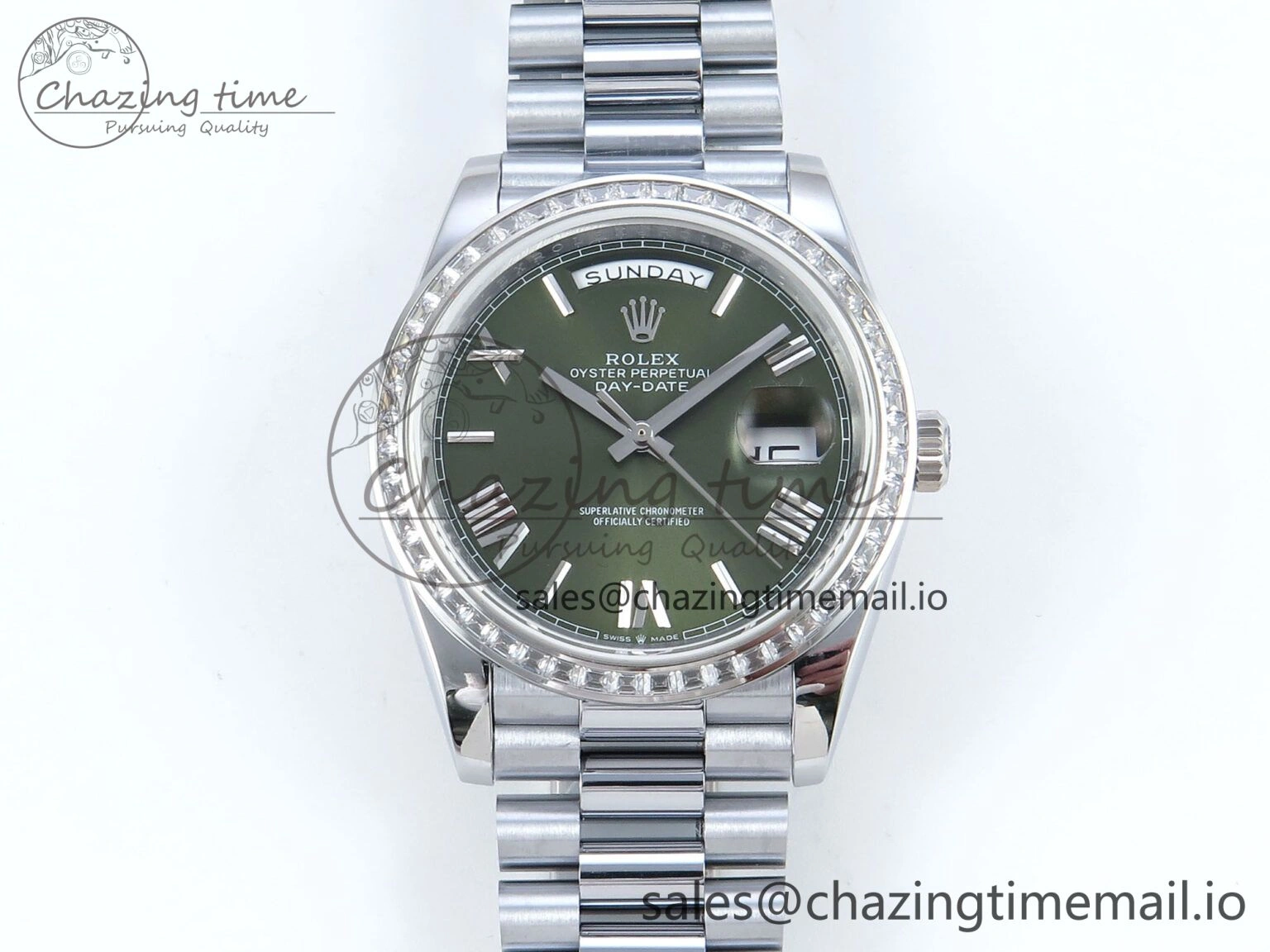 DayDate 40 SS QF 1:1 Best Edition Green Roman Dial Diamonds Bezel on President Bracelet A2836 V5 (Gain Weight)
