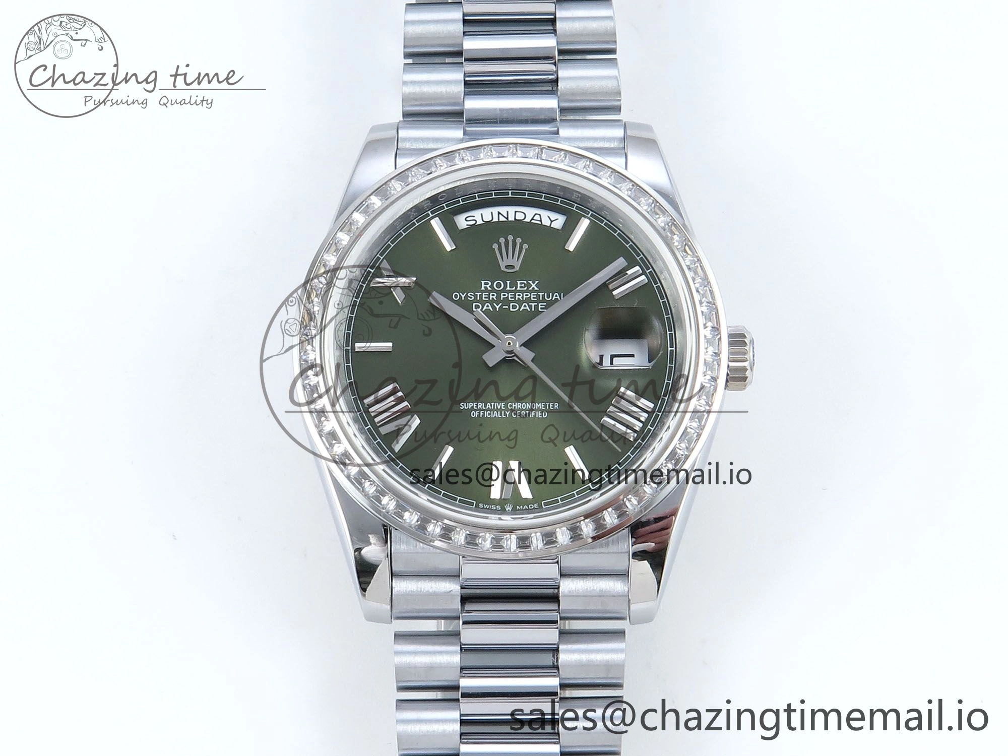 DayDate 40 SS QF 1:1 Best Edition Green Roman Dial Diamonds Bezel on President Bracelet A2836 V5 (Gain Weight)