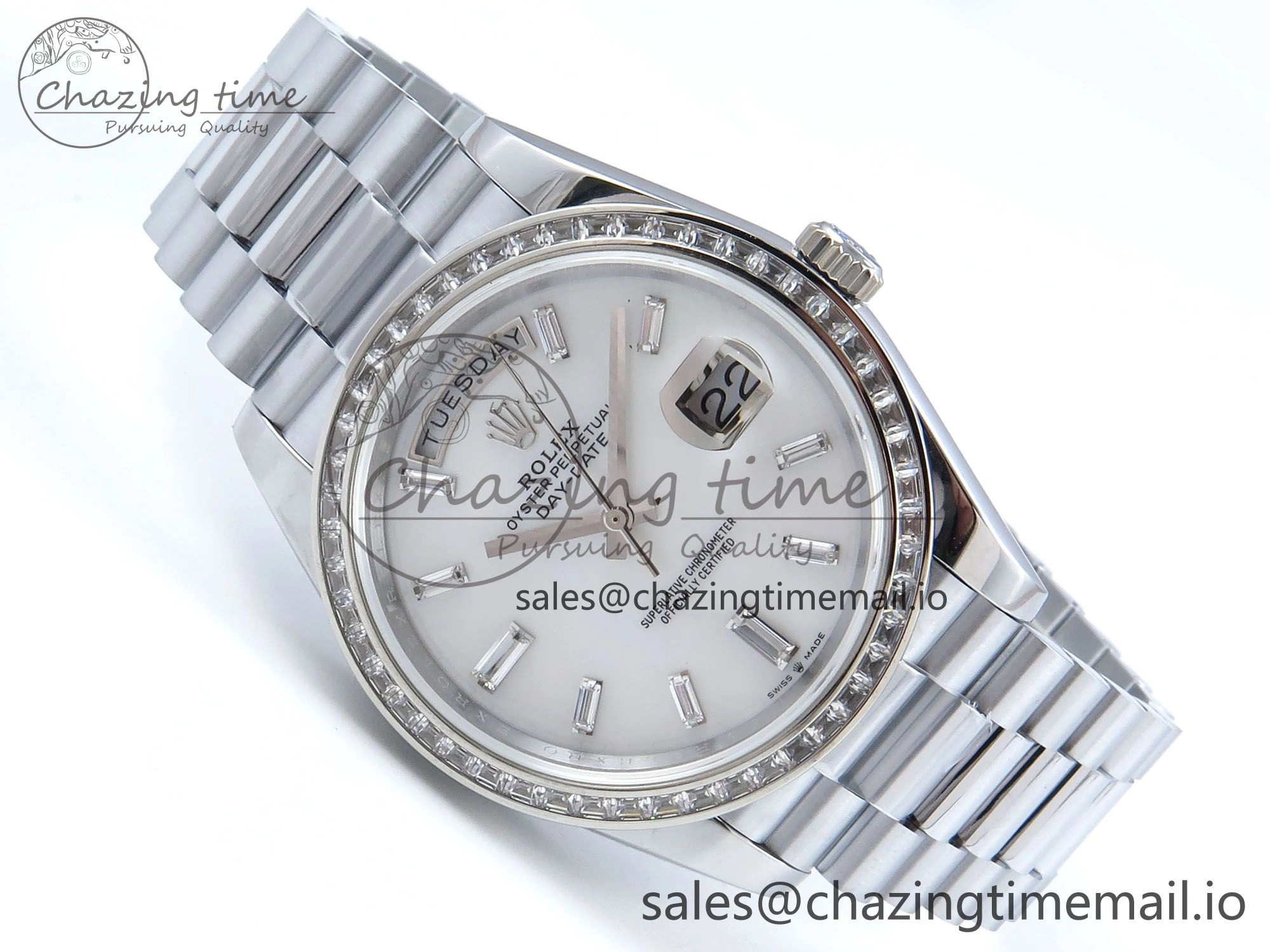 DayDate 40 SS QF 1:1 Best Edition White MOP Dial Diamonds Bezel on President Bracelet A2836 V5 (Gain Weight)