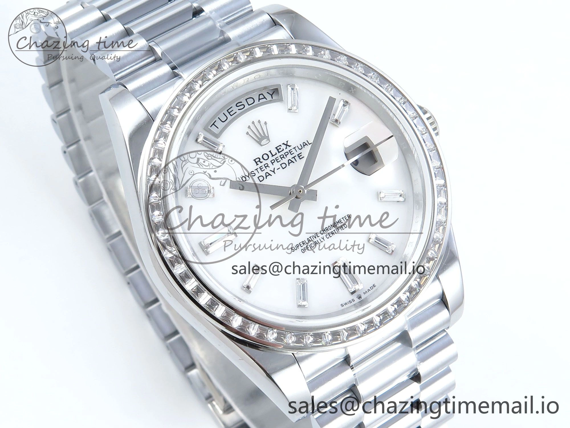 DayDate 40 SS QF 1:1 Best Edition White MOP Dial Diamonds Bezel on President Bracelet A2836 V5 (Gain Weight)