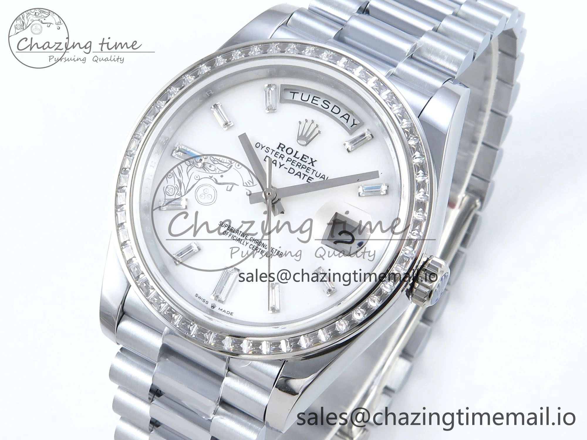DayDate 40 SS QF 1:1 Best Edition White MOP Dial Diamonds Bezel on President Bracelet A2836 V5 (Gain Weight)