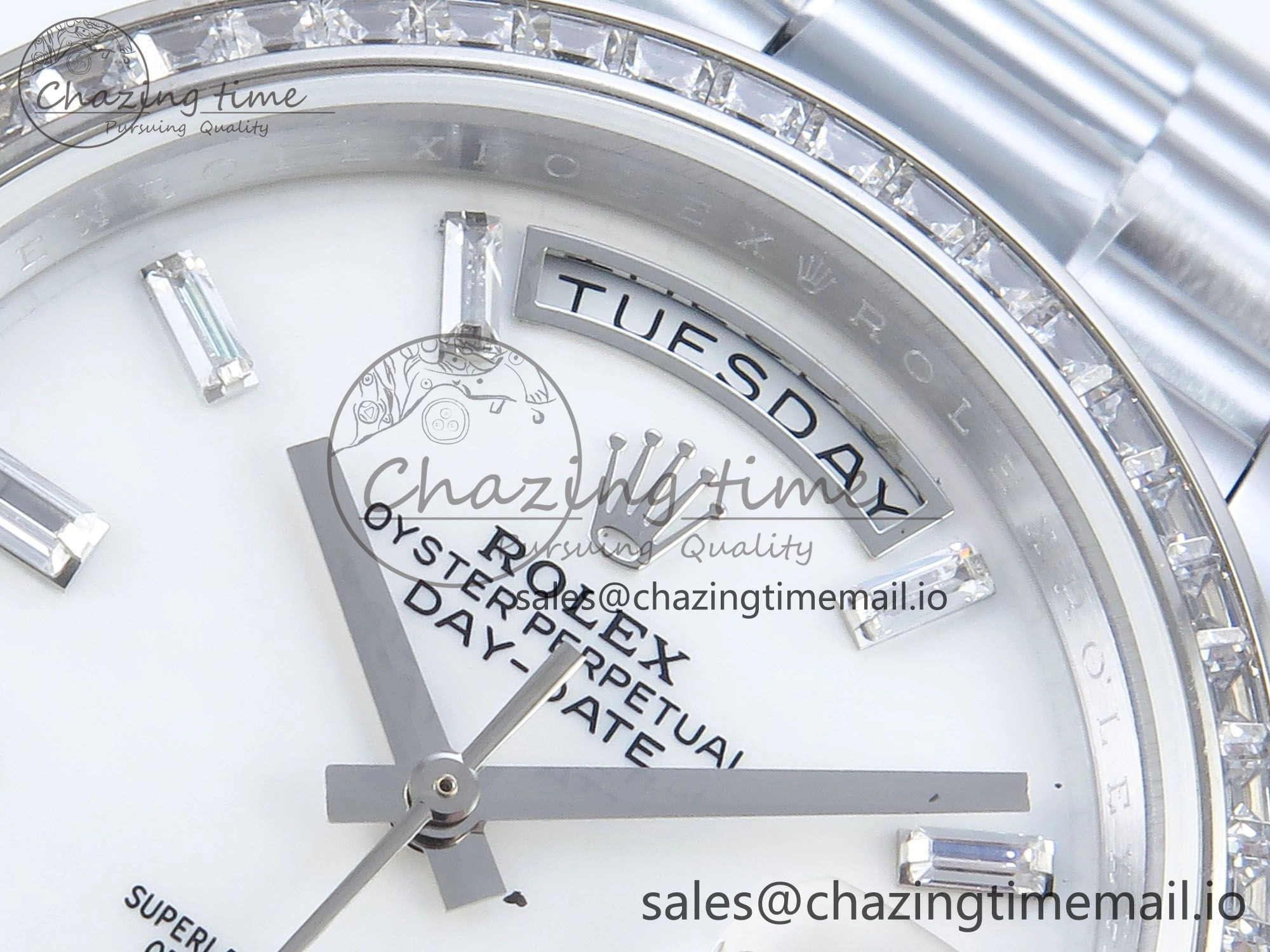 DayDate 40 SS QF 1:1 Best Edition White MOP Dial Diamonds Bezel on President Bracelet A2836 V5 (Gain Weight)