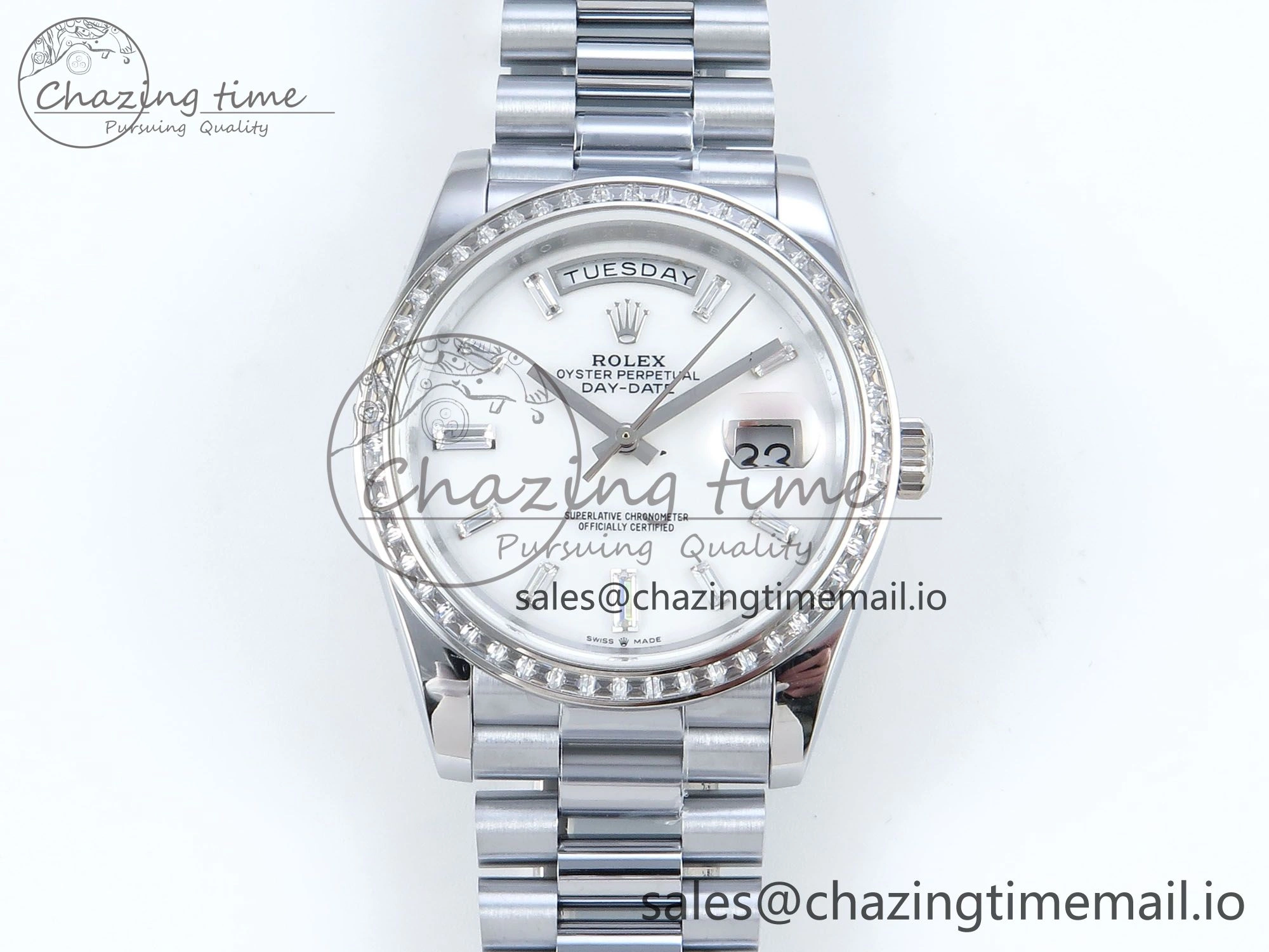 DayDate 40 SS QF 1:1 Best Edition White MOP Dial Diamonds Bezel on President Bracelet A2836 V5 (Gain Weight)
