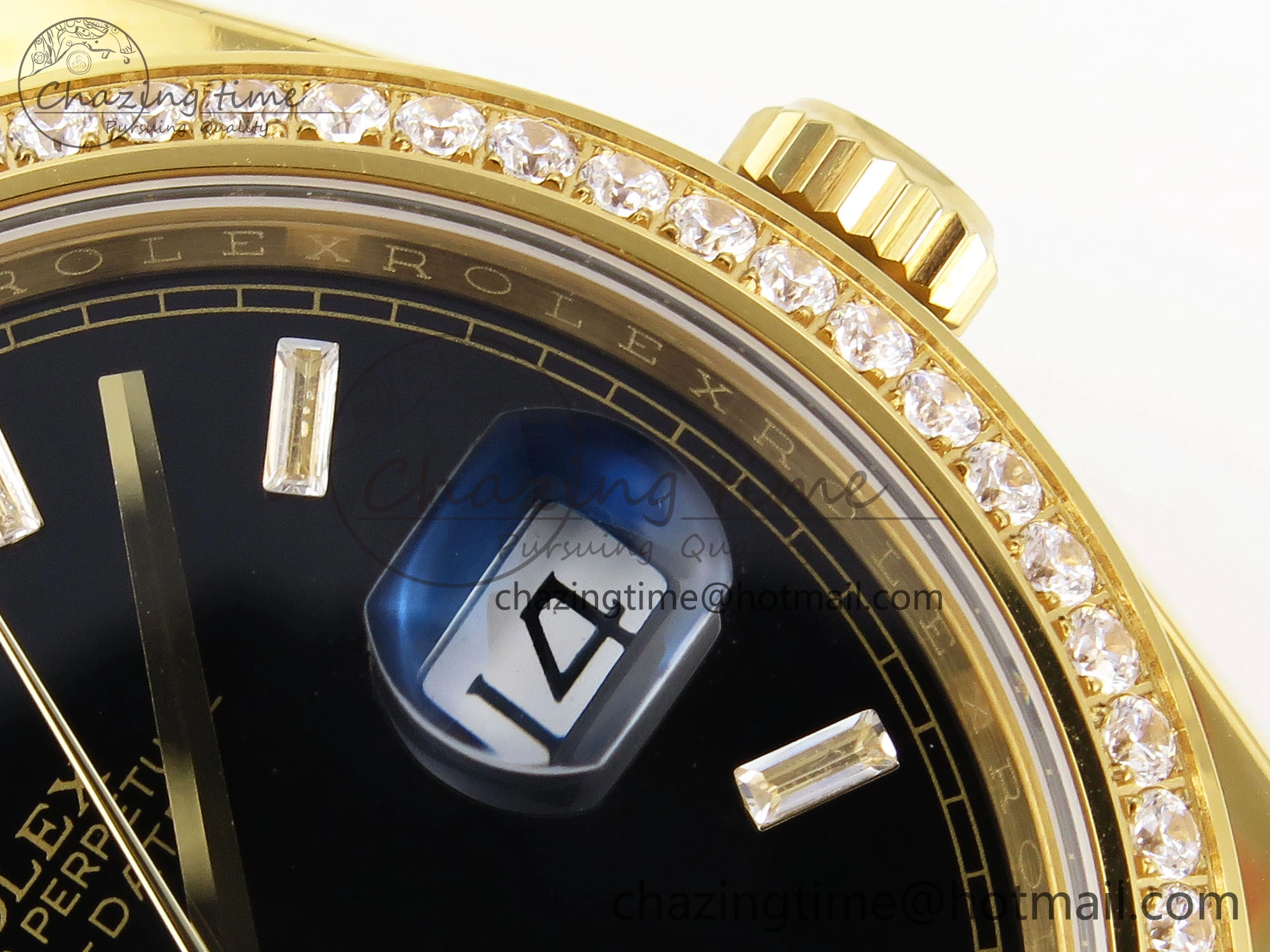 DayDate 40 YG GSF Gain Weight Black Crystal Dial Diamonds Bezel on President Bracelet A2836