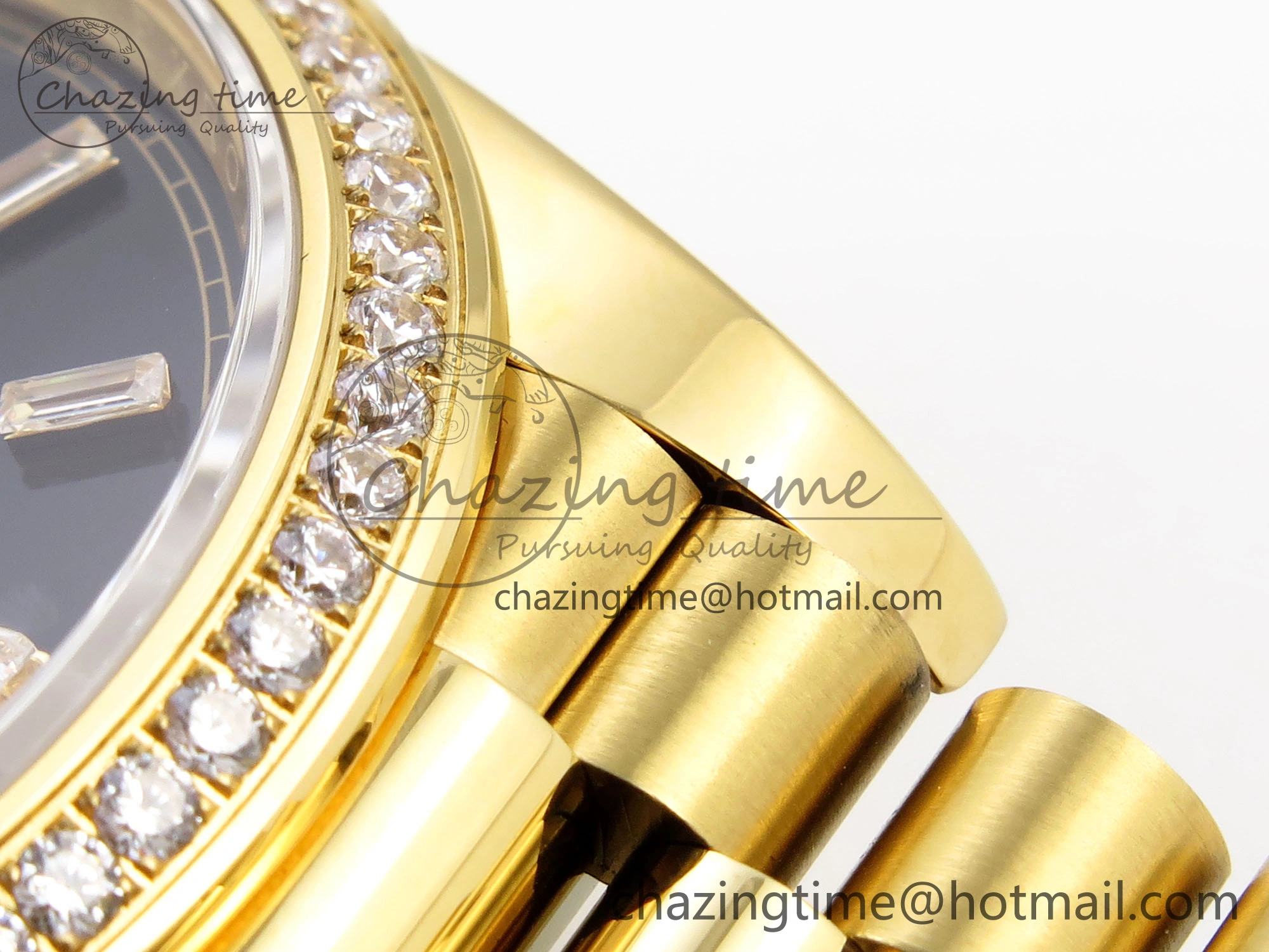 DayDate 40 YG GSF Gain Weight Black Crystal Dial Diamonds Bezel on President Bracelet A2836