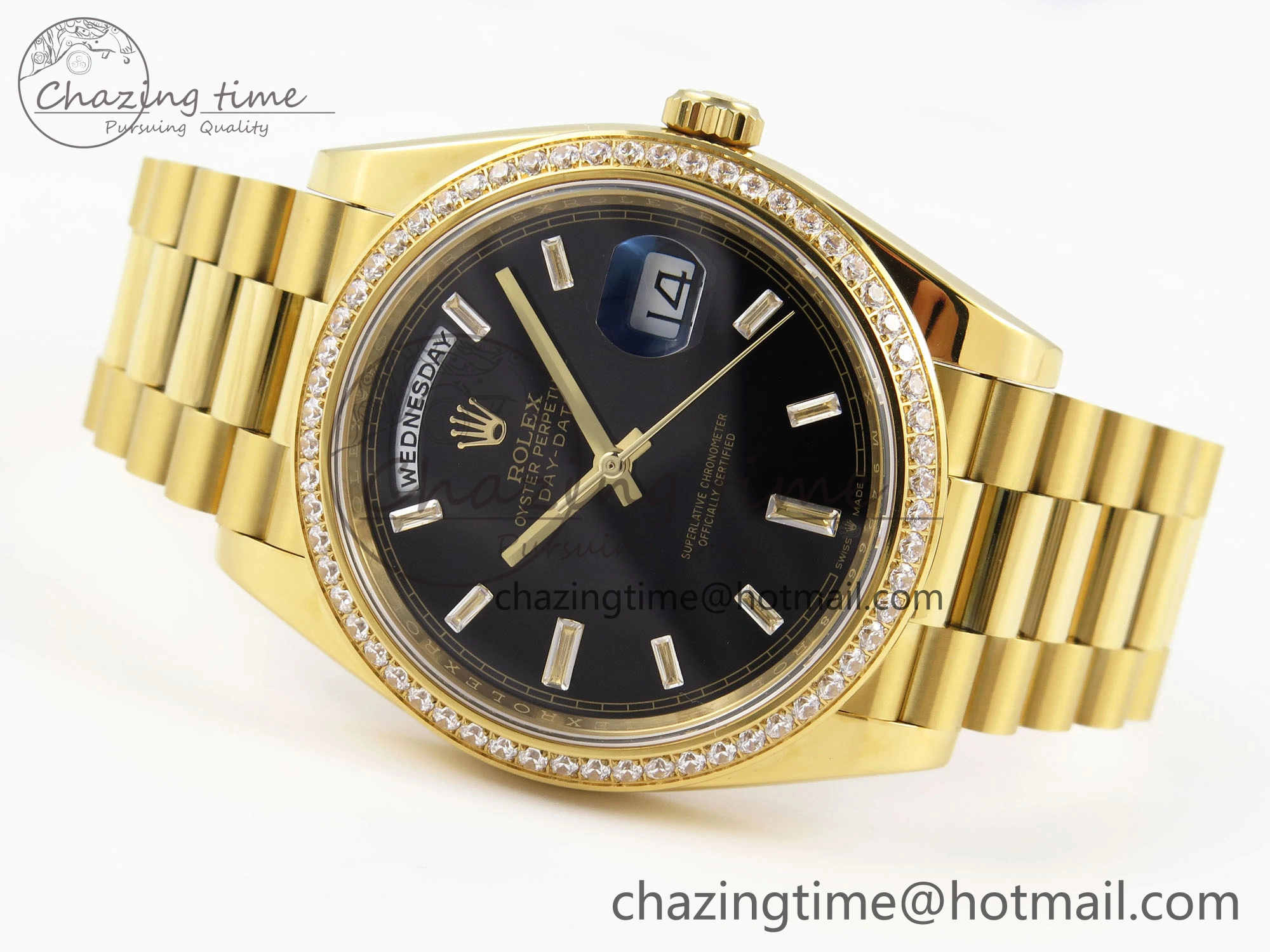 DayDate 40 YG GSF Gain Weight Black Crystal Dial Diamonds Bezel on President Bracelet A2836