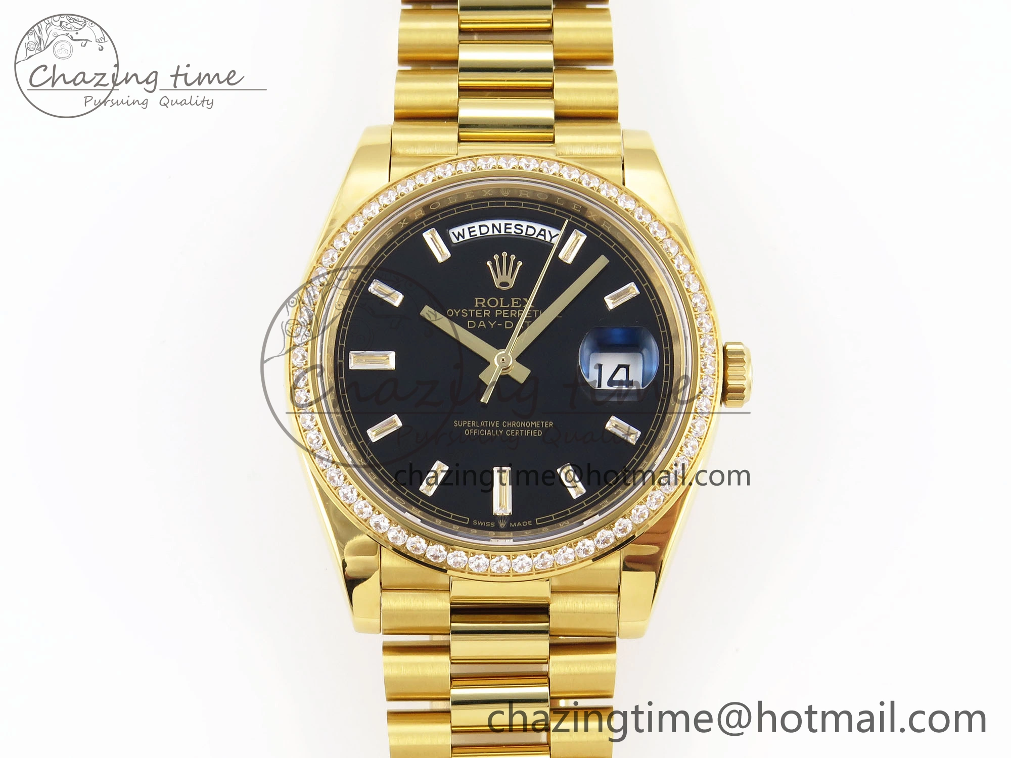 DayDate 40 YG GSF Gain Weight Black Crystal Dial Diamonds Bezel on President Bracelet A2836