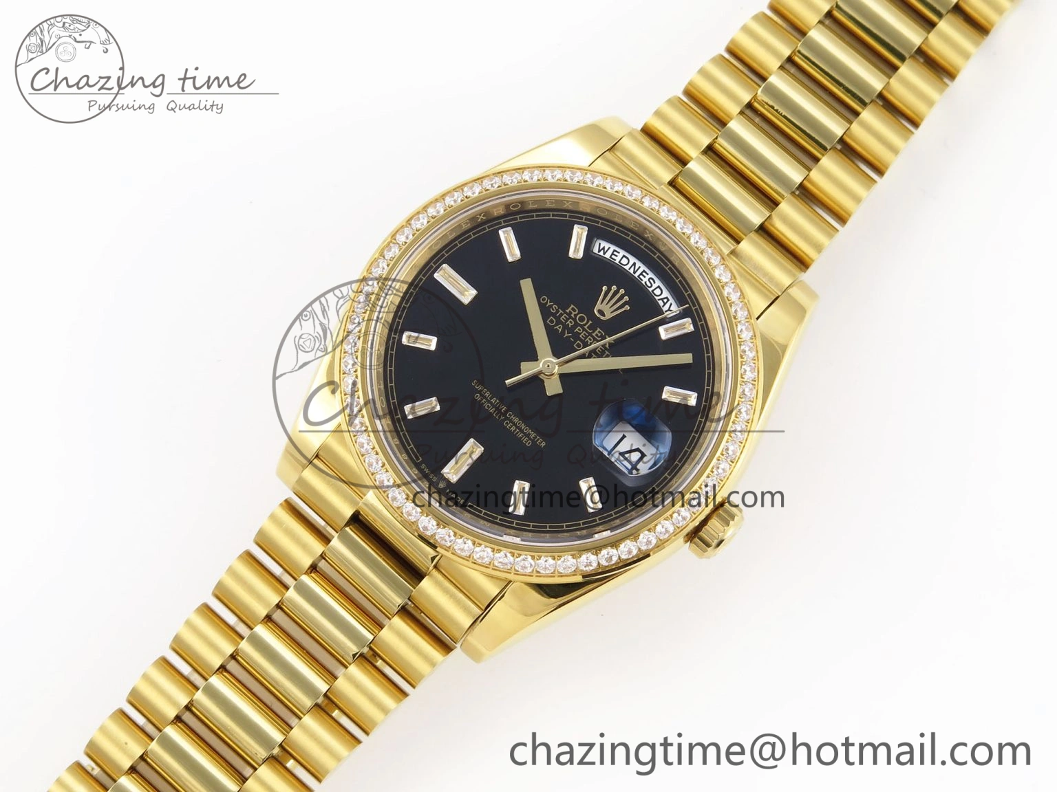 DayDate 40 YG GSF Gain Weight Black Crystal Dial Diamonds Bezel on President Bracelet A2836