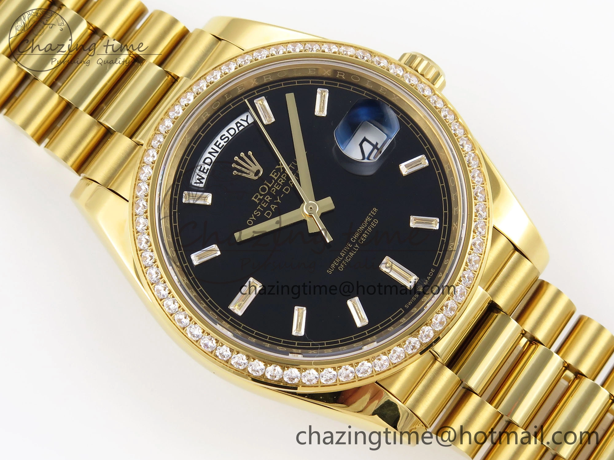 DayDate 40 YG GSF Gain Weight Black Crystal Dial Diamonds Bezel on President Bracelet A2836
