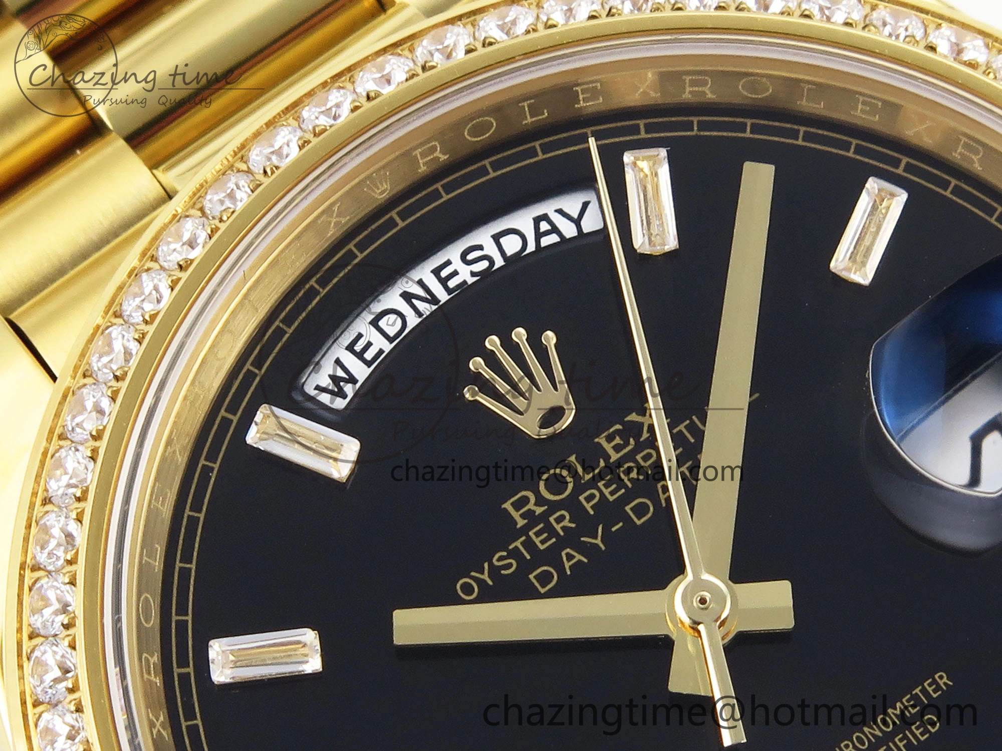 DayDate 40 YG GSF Gain Weight Black Crystal Dial Diamonds Bezel on President Bracelet A2836