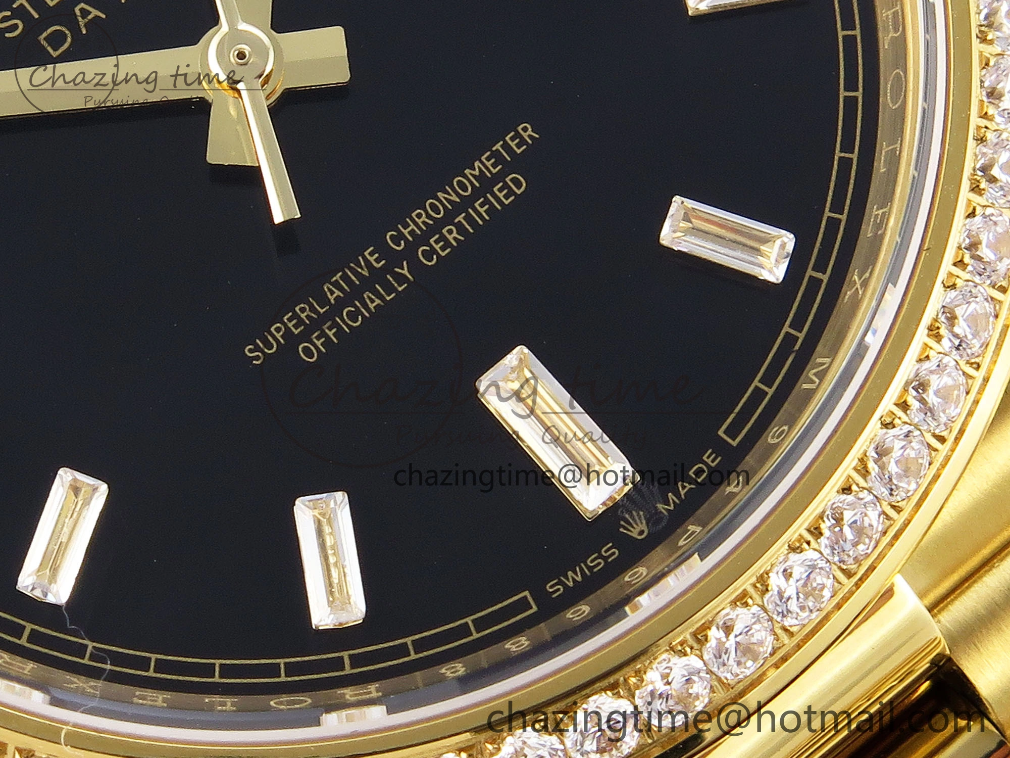 DayDate 40 YG GSF Gain Weight Black Crystal Dial Diamonds Bezel on President Bracelet A2836