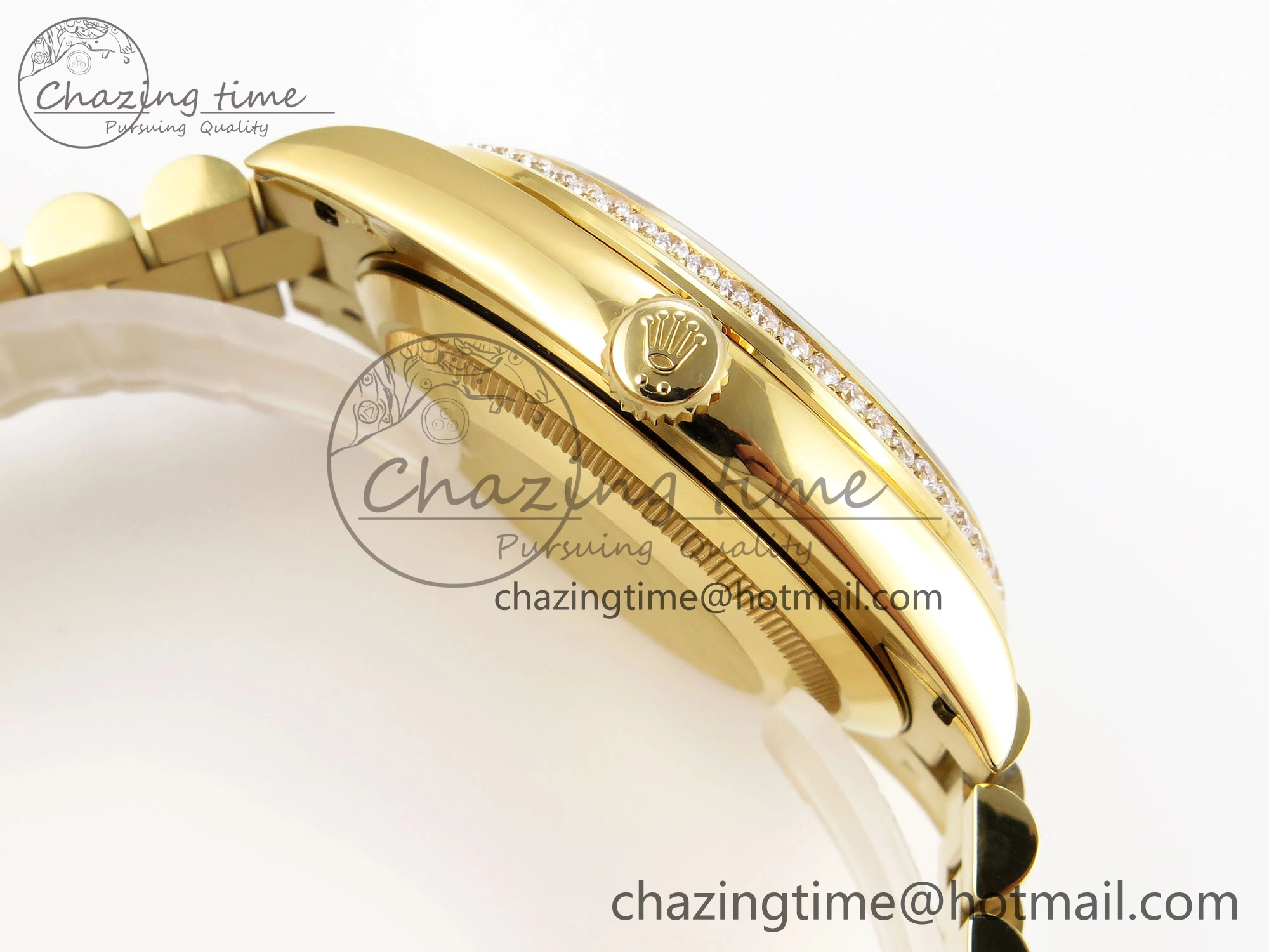 DayDate 40 YG GSF Gain Weight Black Crystal Dial Diamonds Bezel on President Bracelet A2836