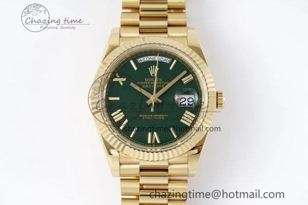 DayDate 40 YG JDF Gain Weight 904L Steel Green Dial Roman Markers on President Bracelet A2836 V2