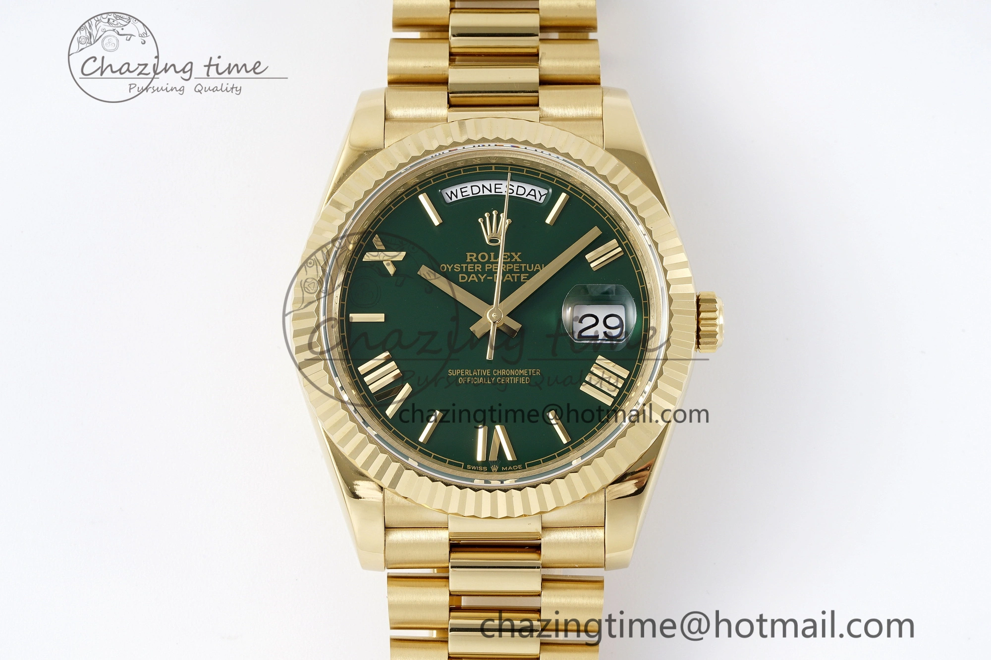 DayDate 40 YG JDF Gain Weight 904L Steel Green Dial Roman Markers on President Bracelet A2836 V2