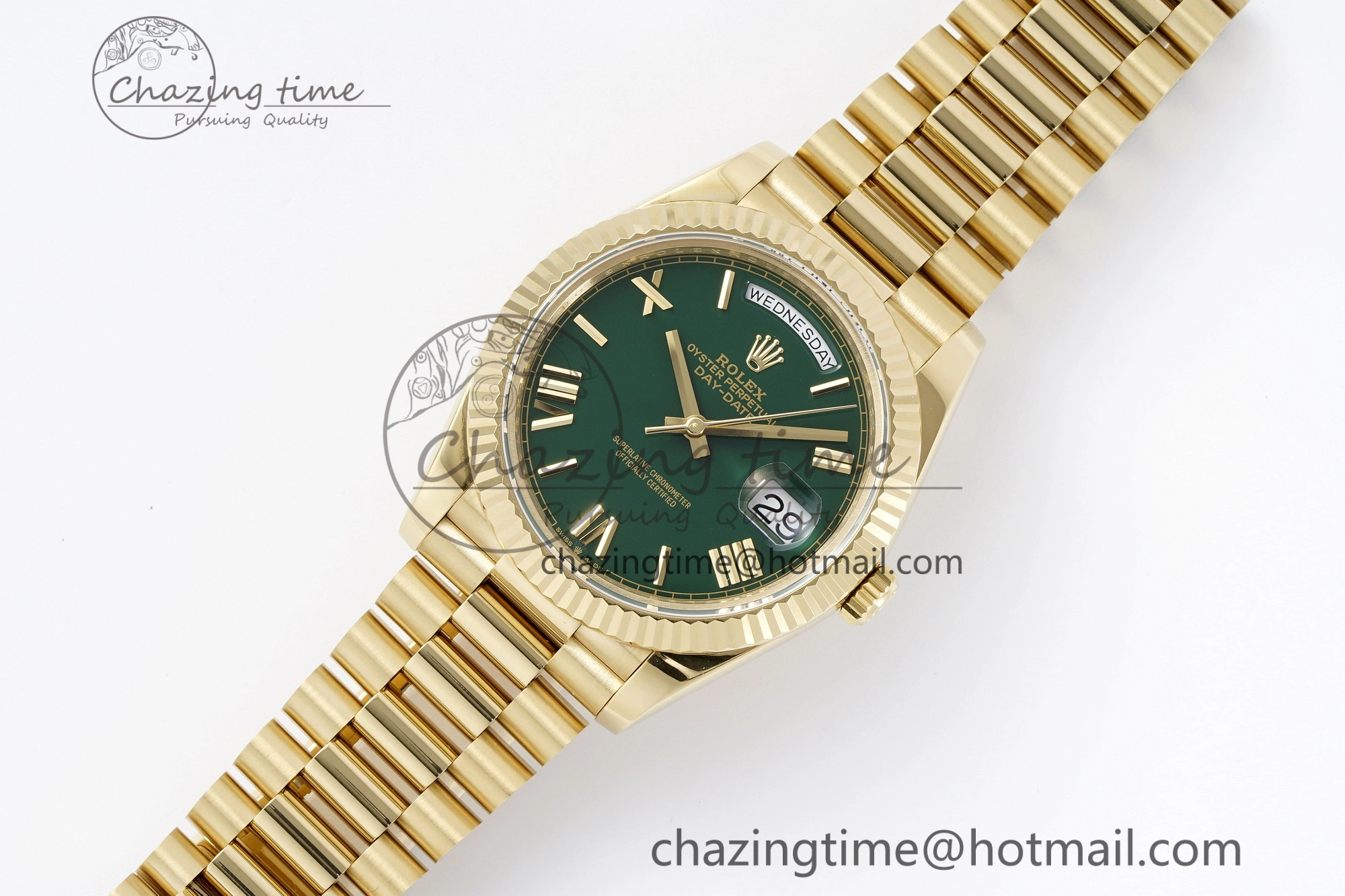 DayDate 40 YG JDF Gain Weight 904L Steel Green Dial Roman Markers on President Bracelet A2836 V2