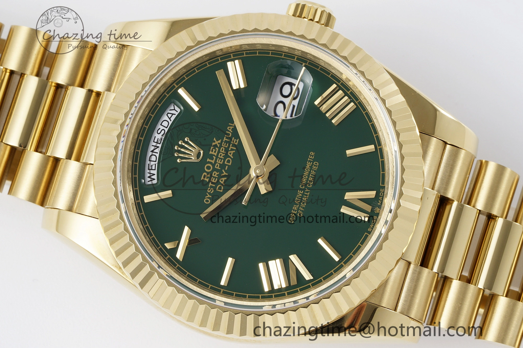 DayDate 40 YG JDF Gain Weight 904L Steel Green Dial Roman Markers on President Bracelet A2836 V2