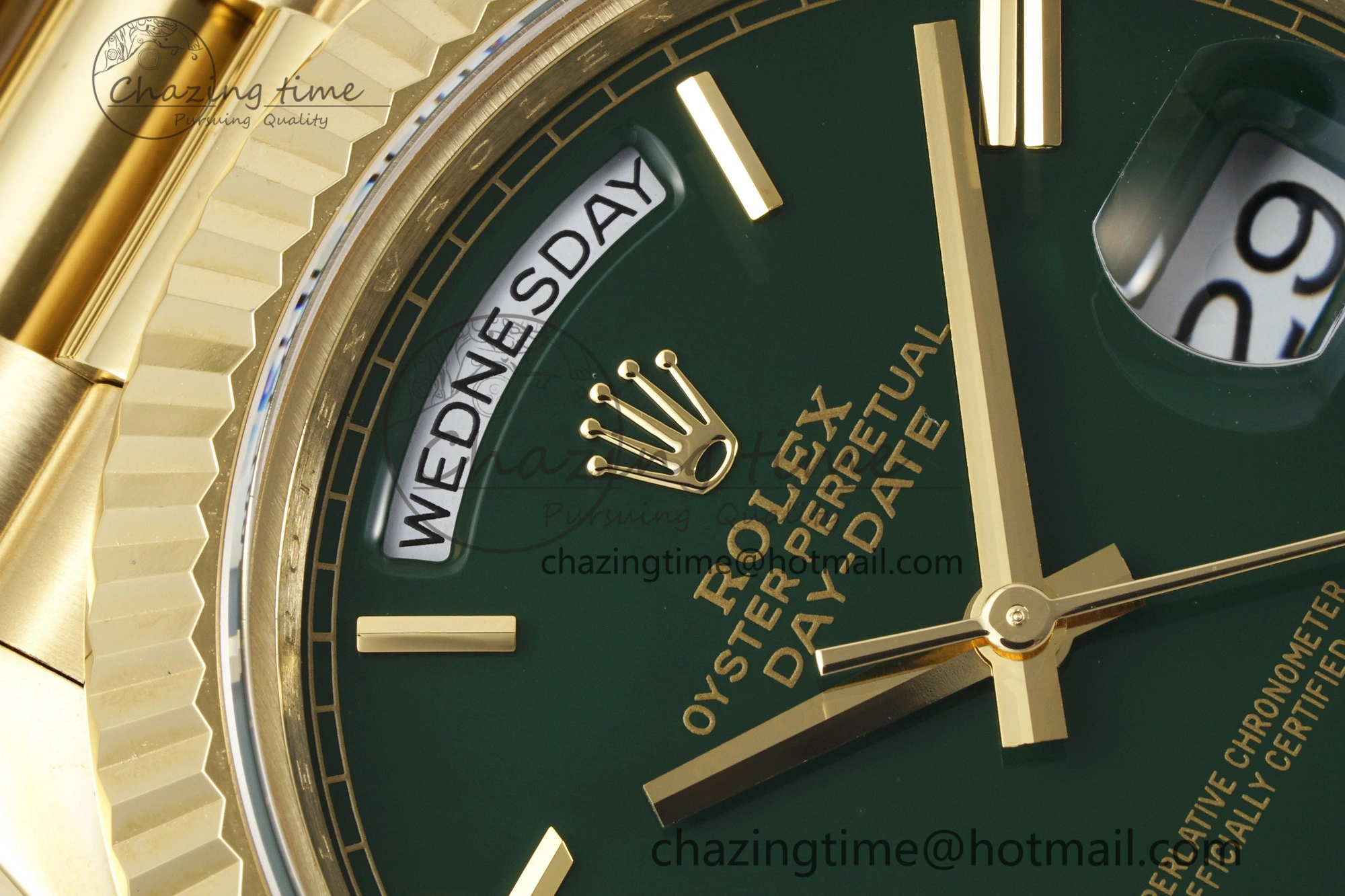 DayDate 40 YG JDF Gain Weight 904L Steel Green Dial Roman Markers on President Bracelet A2836 V2