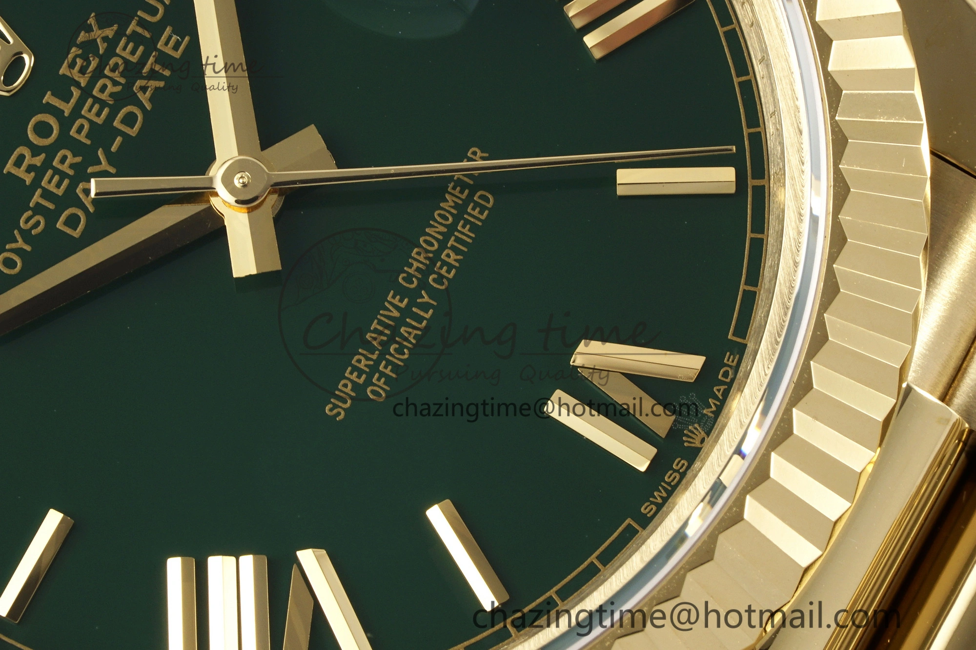 DayDate 40 YG JDF Gain Weight 904L Steel Green Dial Roman Markers on President Bracelet A2836 V2
