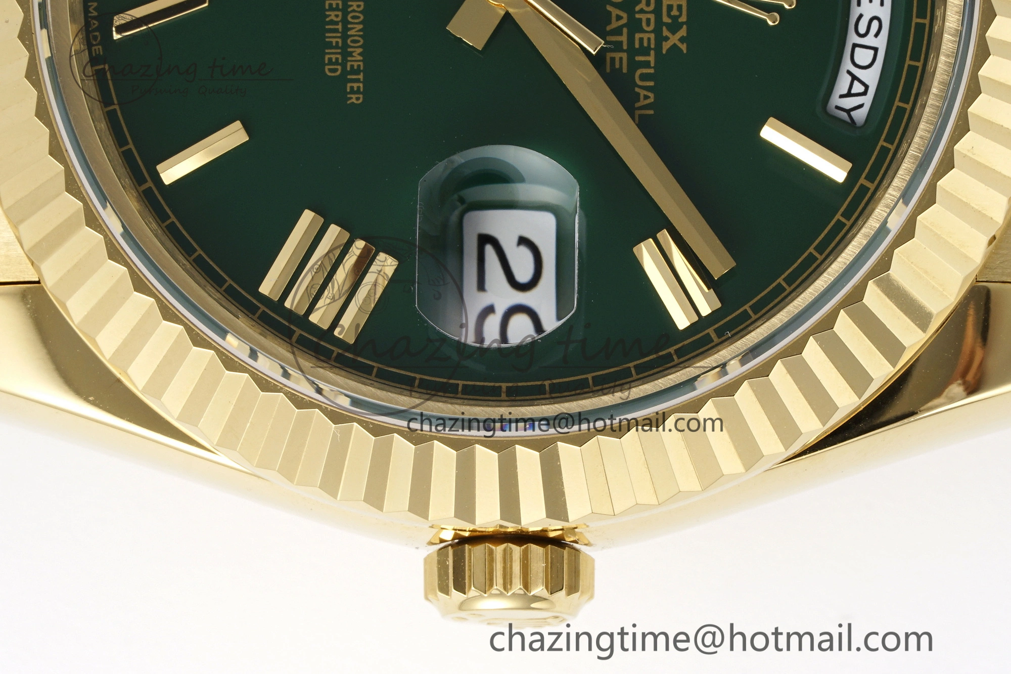 DayDate 40 YG JDF Gain Weight 904L Steel Green Dial Roman Markers on President Bracelet A2836 V2