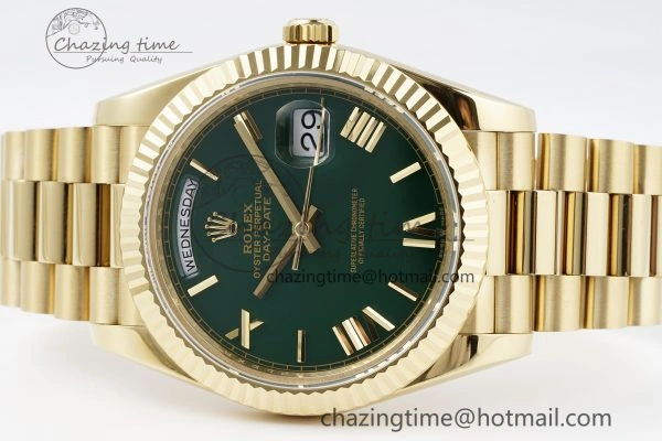 DayDate 40 YG JDF Gain Weight 904L Steel Green Dial Roman Markers on President Bracelet A2836 V2