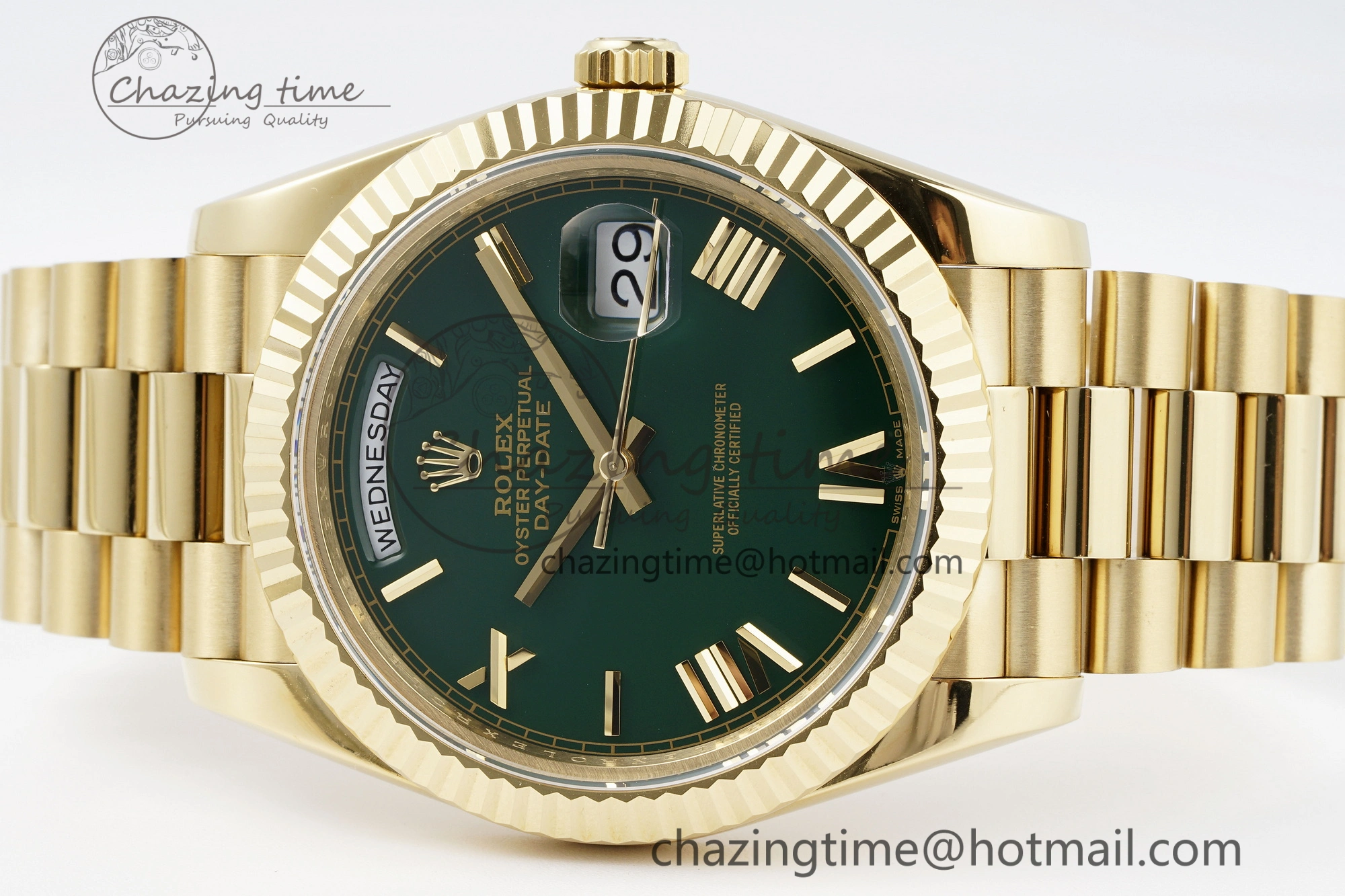 DayDate 40 YG JDF Gain Weight 904L Steel Green Dial Roman Markers on President Bracelet A2836 V2