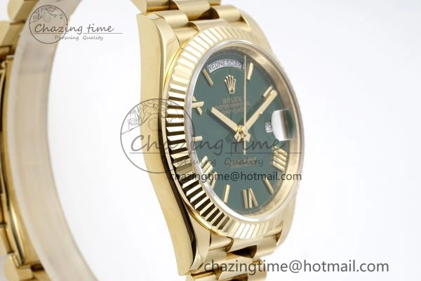 DayDate 40 YG JDF Gain Weight 904L Steel Green Dial Roman Markers on President Bracelet A2836 V2
