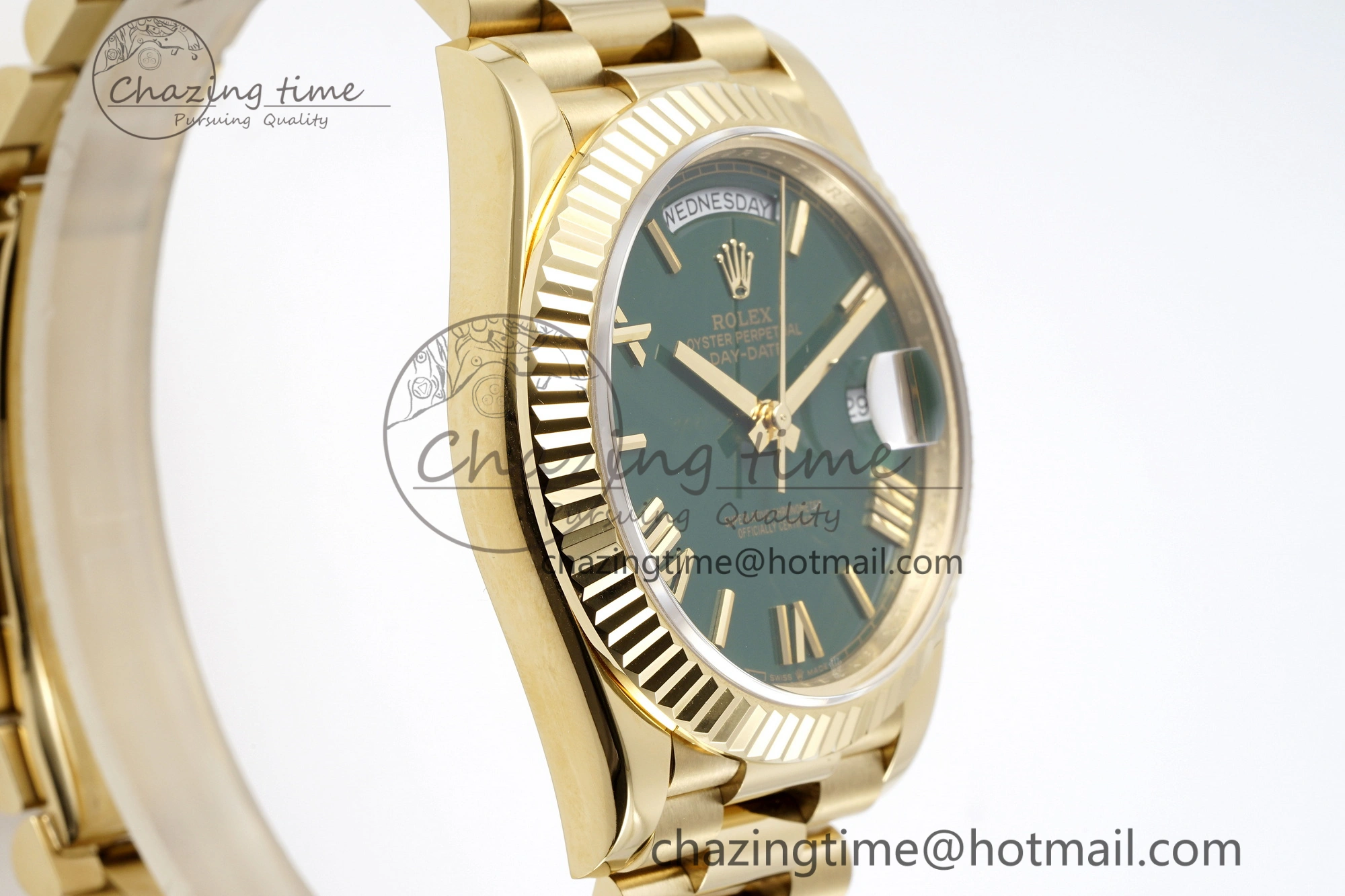 DayDate 40 YG JDF Gain Weight 904L Steel Green Dial Roman Markers on President Bracelet A2836 V2