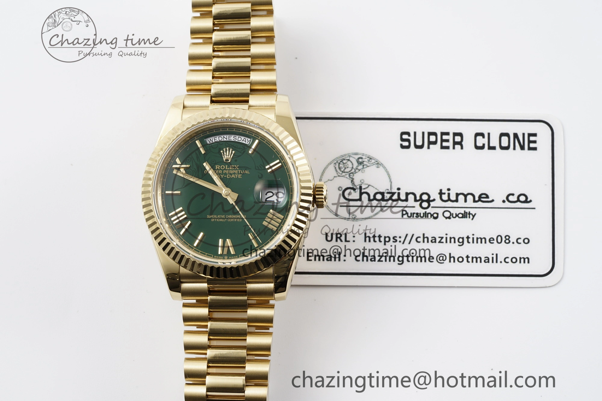 DayDate 40 YG JDF Gain Weight 904L Steel Green Dial Roman Markers on President Bracelet A2836 V2