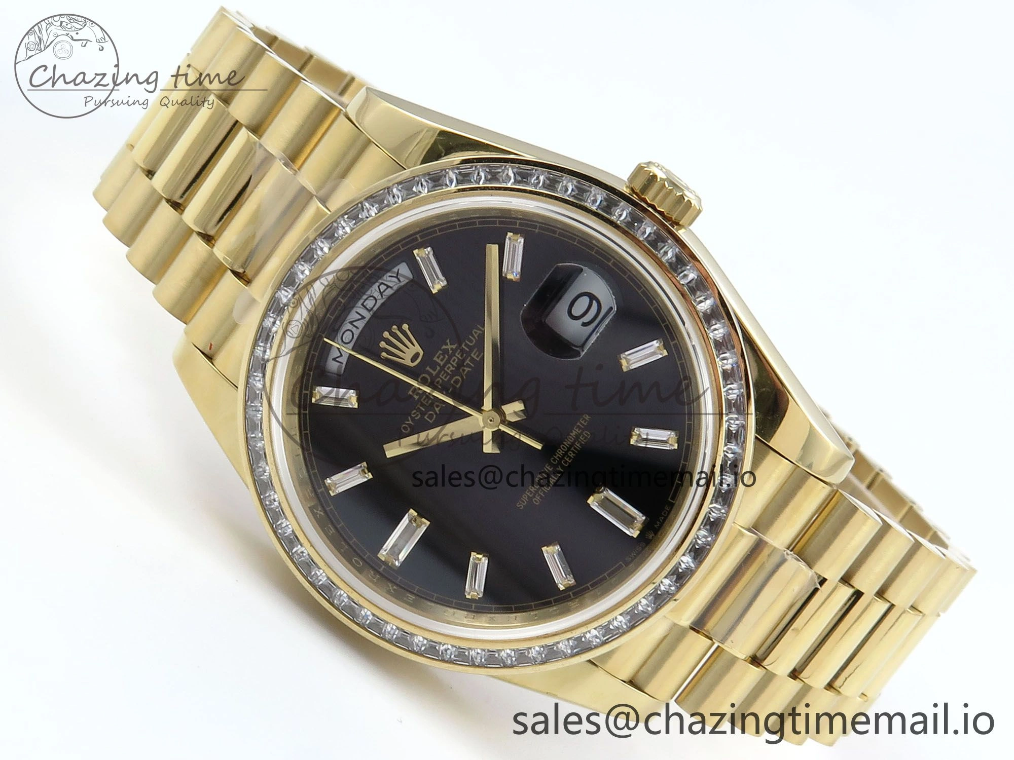 DayDate 40 YG QF 1:1 Best Edition Black Crystal Dial Diamonds Bezel on President Bracelet A2836 V5 (Gain Weight)