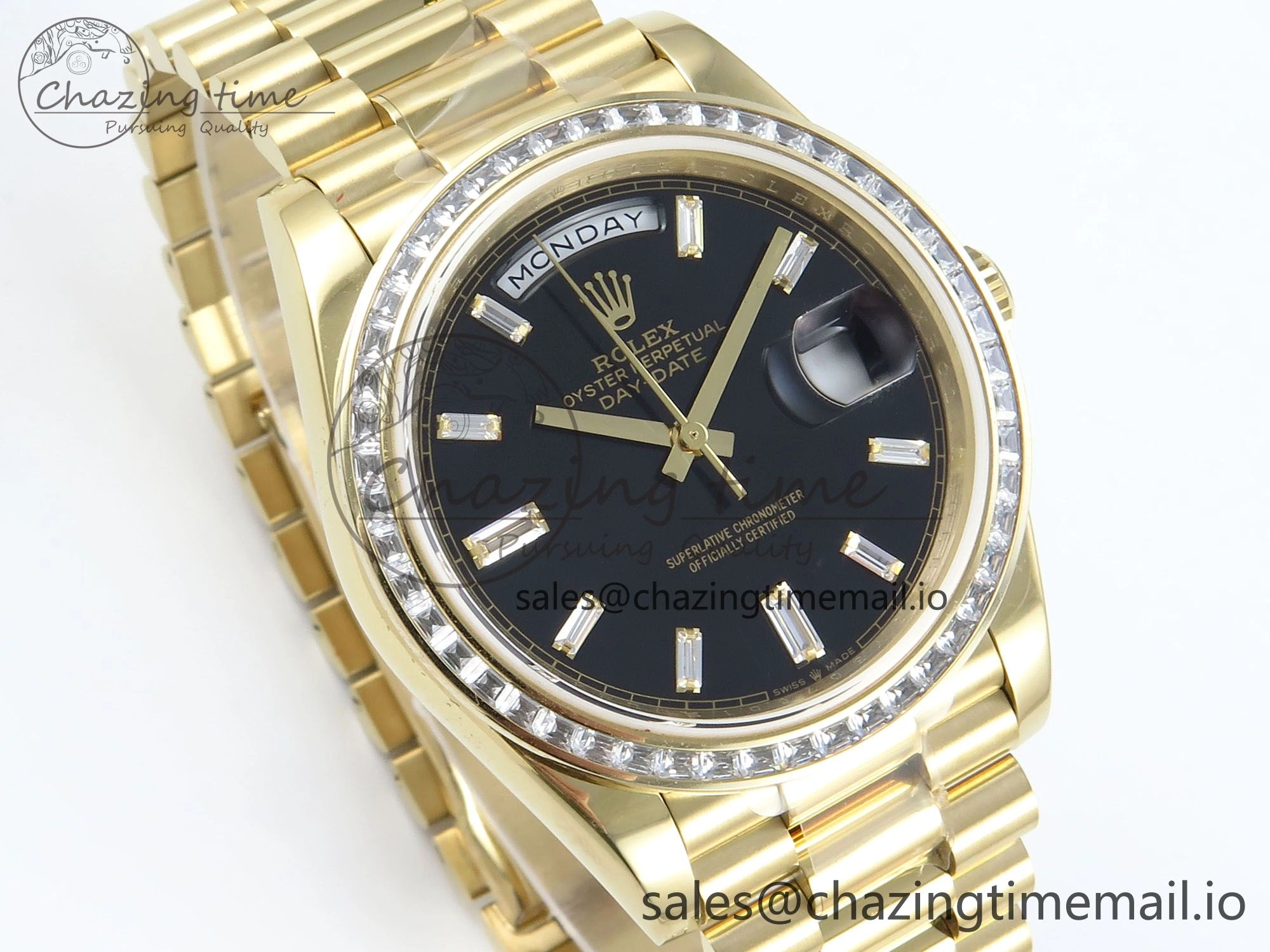 DayDate 40 YG QF 1:1 Best Edition Black Crystal Dial Diamonds Bezel on President Bracelet A2836 V5 (Gain Weight)